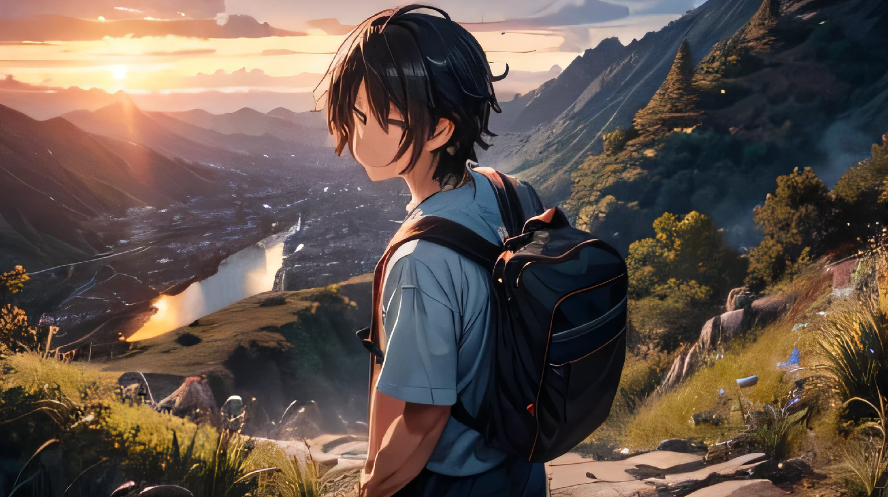 Daishin slowly opens his eyes, his vision initially blurred and disoriented. As the world gradually comes into focus, he finds himself on a hilltop. The evening sky is painted in shades of orange as the sun begins its descent toward the horizon, casting a warm, golden hue over everything. He blinks several times, trying to clear the haze from his sight and understand his surroundings. A cool breeze sweeps over the hilltop, gently rustling Daishin's hair and bringing a sense of calm to the scene. The fresh air is invigorating, and Daishin, a 12 year old boy ,in his school uniform of blue pant whit shirt blue half sweater , adjusts his backpack of red and blue color and takes in the tranquil setting. He begins his descent down the steep, winding path that leads toward the valley below, where his home awaits.