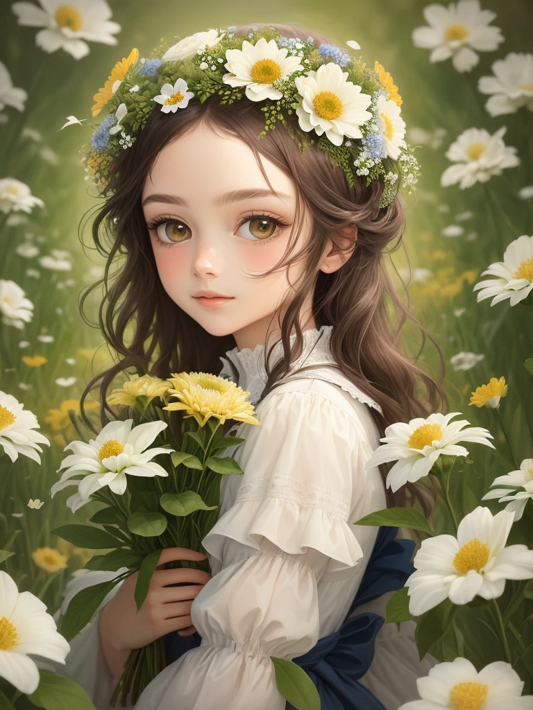 (masterpiece), (best quality: 1.1), (ultra-detailed), best illustration, finely detailed,, bouquet consisting of field flowers, The person is clear　Background is white facing left