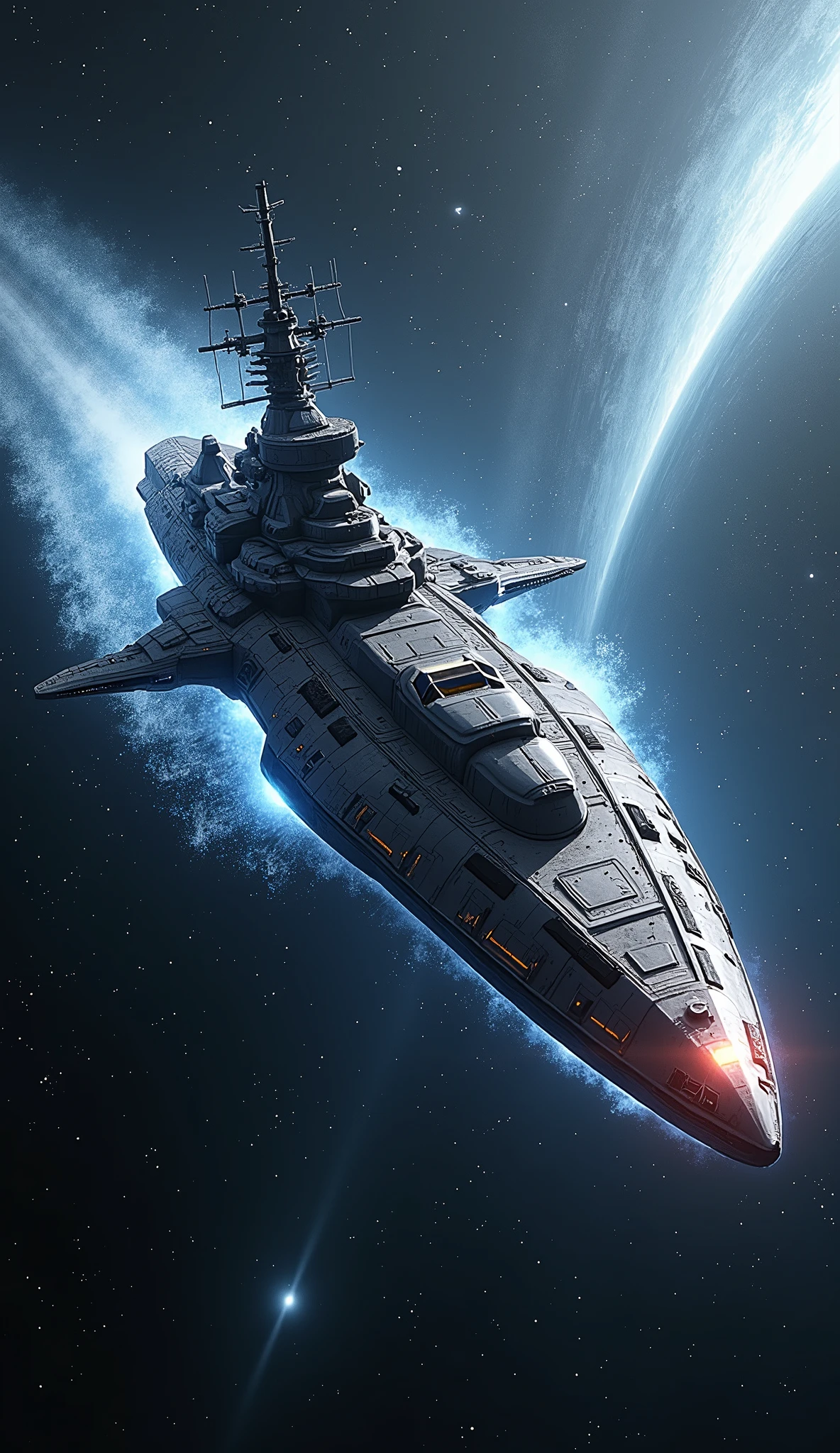 masterpiece,Highest quality,Ultra-high resolution,(Very detailed),8k,wallpaper,Realistic,(DSLR Canon style),(A battleship-shaped spaceship performs warp travel.:2.0),(sf:2.0),(A streamlined spaceship resembling the Yamato battleship:2.0),(dynamic),(Beautiful particles of light are emitted from the wave engine at the stern.:2.0),(Representing superluminal speed with a beautiful line of light:2.0),(The background is a wormhole and subspace.:2.0),(Motion Blur)