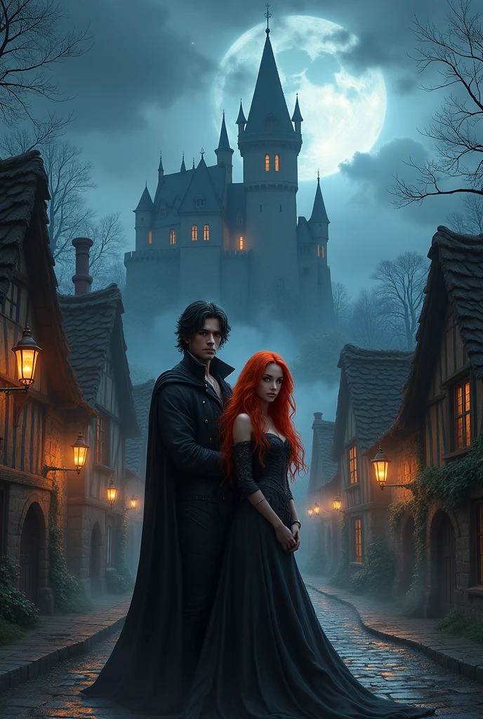 Peux-tu me créer une pochette de livre qui a pour titre: sang toi. Et qui met en image un village du moyen âge, un château de vampire et deux personnages: un homme aux cheveux noirs, ténébreux, aux yeux noirs, et une fille au long cheveux roux avec des yeux orangés 