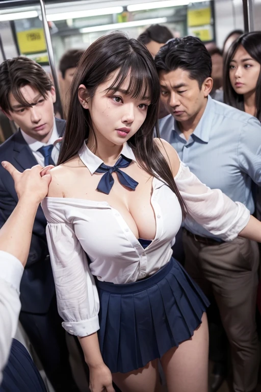 (Sexy idol with gentle attractive Japan and beautiful very young face)、18 year old sexy idol、((High school girl in white sailor suit with short sleeves)),(Sailor collar), grasp、、(Shirtless schoolgirl)Grab your ass on a crowded train、drooping bangs、(((Little Face Girl)))、pleatedskirt:1.2、stright long hair、Real 18 year old very young face girl、Very beautiful girl１a person、(((Young man in suit grabs schoolgirl buttocks:1.5)))、(molesting)、Touching your buttocks on the bus、red blush、(((A schoolgirl in a sailor suit has sex with a man in a suit、erotick)))、((Skirt flipped up、You can see erotic panties))、high-level image quality、realisitic、(((agony、angry expressions)))、(((Being touched by multiple men、Touching the chest or crotch1.5)))、grabbing on breasts(((On a crowded train)))、((A schoolgirl in a sailor suit sticks her ass out from the front to a man in a suit))、(((Schoolgirl is shirtless:1.5)))、(((Being touched by multiple men、Touching the chest or crotch1.5)))、(((Multiple guys grab my chest:1.5)))、(((On a crowded train)))、