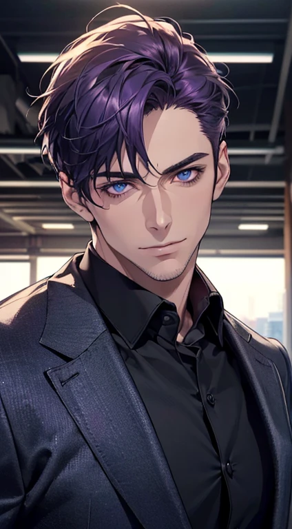 (best quality,4k,8k,highres,masterpiece:1.2),ultra-detailed,(realistic,photorealistic,photo-realistic:1.37),1 man,31 years old,mature man,very handsome,without expression,smile,short purple hair,blue eyes,penetrating gaze,perfect face without errors,imposing posture,businessman,office background,cinematic lighting,hdr image