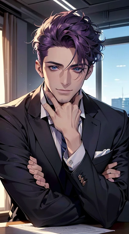 (best quality,4k,8k,highres,masterpiece:1.2),ultra-detailed,(realistic,photorealistic,photo-realistic:1.37),1 man,31 years old,mature man,very handsome,without expression,smile,short purple hair,blue eyes,penetrating gaze,perfect face without errors,imposing posture,businessman,office background,cinematic lighting,hdr image