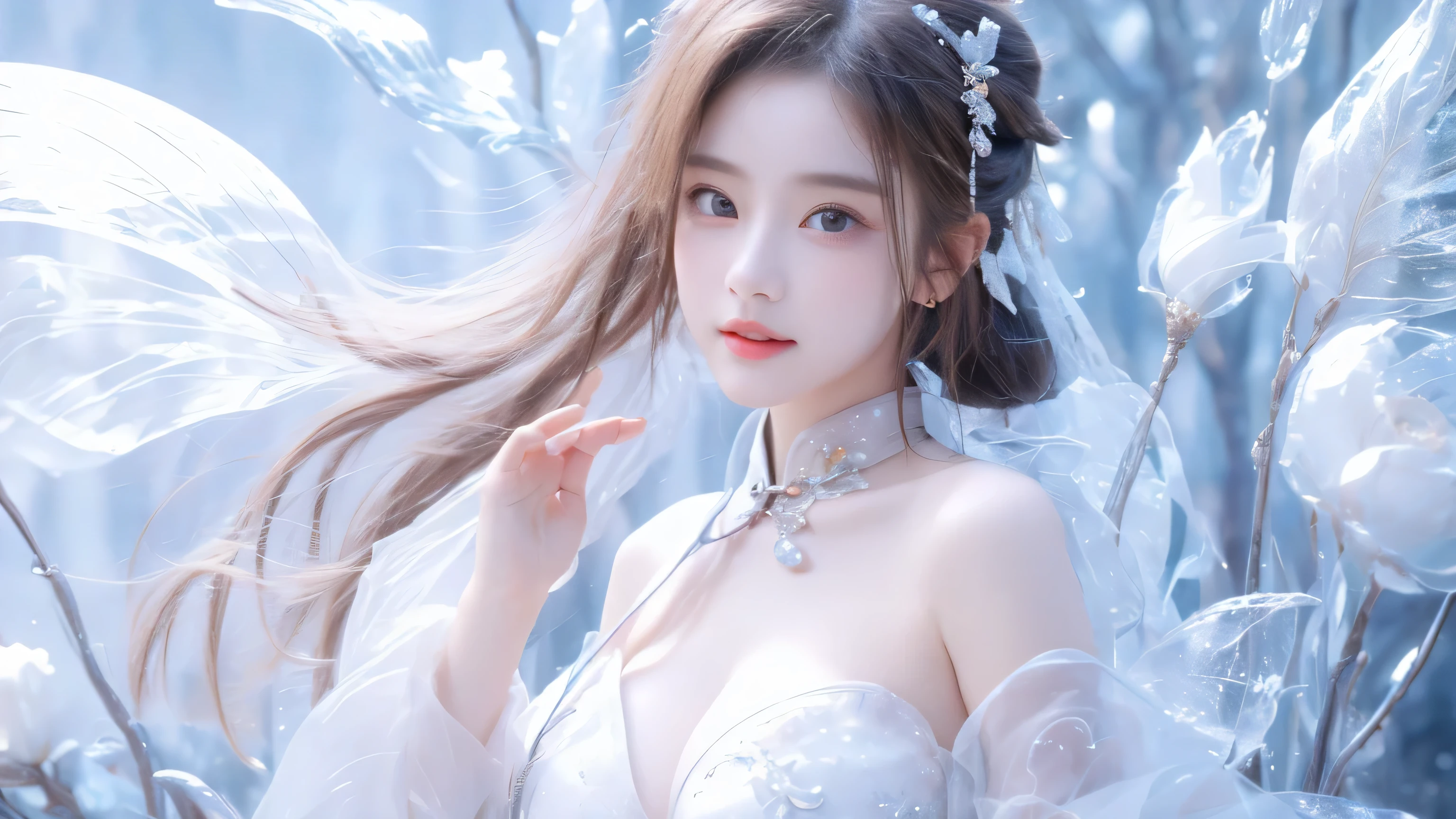 a 13 year old girl，(Exquisite facial features)，Big watery eyes，Angelic smile，blush，nice，Silver long hair，Princess Head，Frozen queen，Full of energy，Purple, luxurious clothing，background，Sense of Brokenness，Super Resolution，HD，8K，film texture。Ultra low cut,(Big Breasts:1.6),single whip,((Chinese cheongsam)),Accent strapless,Transparent tulle,((super high quality))