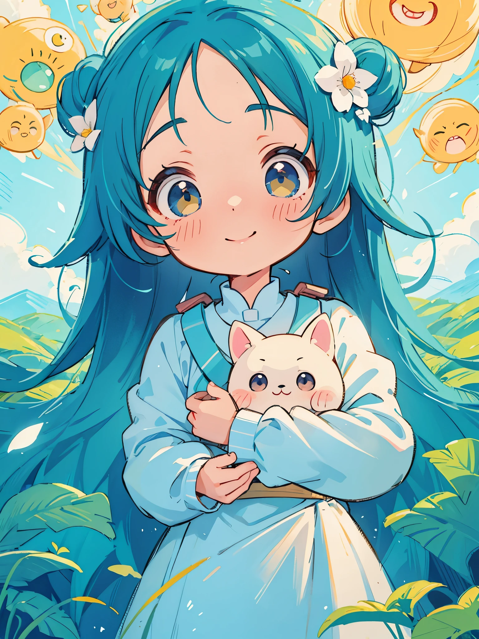 A cute chibi girl with large expressive eyes, beautiful detailed features, long eyelashes, rosy cheeks, a warm smile, wearing a stylized president uniform, being hit on the head by a cute alien in a Hayao Miyazaki inspired fantasy landscape, vibrant colors, soft lighting, dreamy atmosphere, intricate details, whimsical, endearing, magical realism, highly detailed, 8k, photorealistic, masterpiece