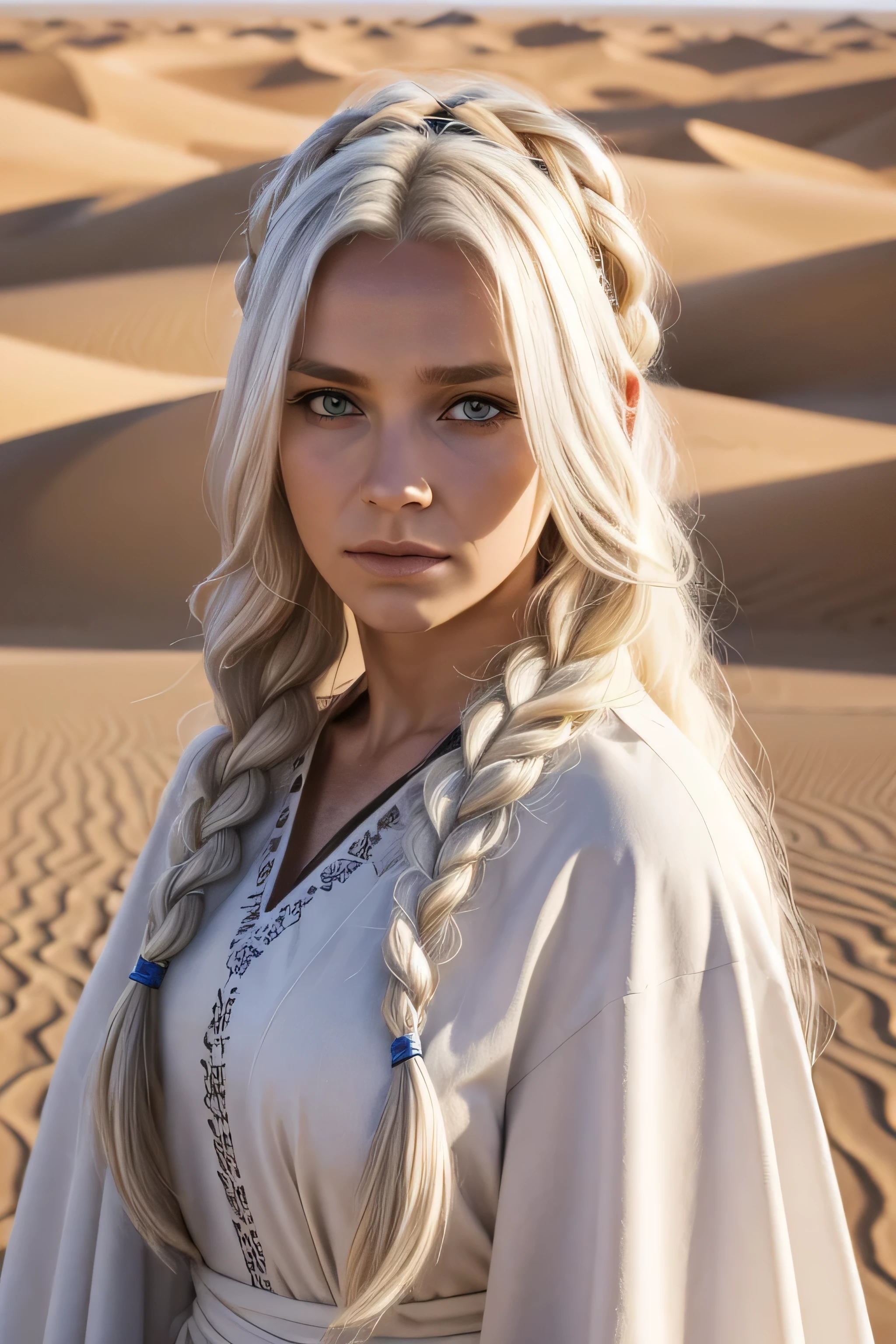 1 female viking, long white hair, braided hair, wearing a caftan, ugly face, 30 years old, desert background, absurdres, high res, ultrasharp, 8K, masterpiece, the image should be of absurd resolution and high detail. It should be ultra-sharp and available in 8K resolution, representing a masterpiece in image quality.