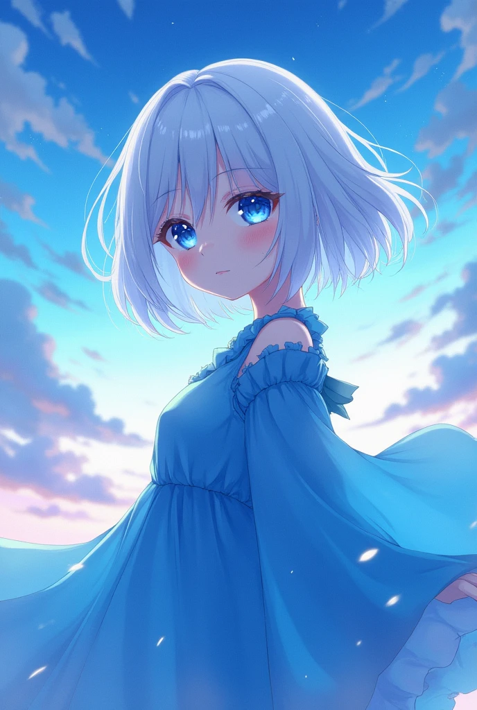 Anime girl with white short hair, blue tones.