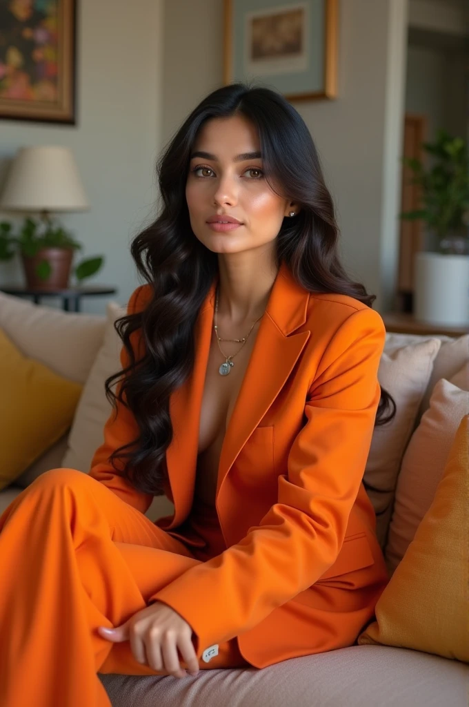 Create a lady influencer. Very realstic. 22 years age. Fair face. Cute face. Orange suit wearing. Slim nose. Very light brown eyes. Beautiful lips. Beautiful face. Beautiful eyes. Indian lady. And hi is the lovely lady. Realistic background. she is sitting on the sofa.