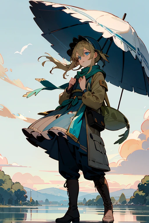 For Violet Evergarden’s outfit on her Pokémon journey, it would likely combine practicality with elegance, reflecting both her military background and her refined sense of style. Here’s a possible design for her outfit:
**She has blonde hair, fair skin and blue eyes, and a pretty face like a calm doll.**
1. **Top:** A fitted, high-collared jacket in a soft, muted color, such as pastel blue or ivory. The jacket might feature intricate embroidery or decorative elements, reminiscent of her Victorian-inspired attire from the original series, but adapted for a more rugged, travel-ready look. It could have practical elements like pockets for carrying essentials. There is a green emerald brooch.
2. **Bottoms:** Tailored, durable trousers or a long, elegant skirt with reinforced areas for practicality during travel. The trousers might be in a complementary color, such as dark navy or gray, to maintain a refined yet functional appearance.
3. **Footwear:** Sturdy, ankle-high boots that are both comfortable for long journeys and stylish. The boots could be in a neutral color and feature subtle decorative accents.
4. **Accessories:** A stylish, yet practical belt with pouches for carrying Poké Balls and other items. Violet might also wear a decorative scarf or sash, adding a touch of elegance while also serving as an extra layer for changing weather conditions.
5. **Headwear:** A small, elegant hat or a headband that reflects her sense of refinement. The hat could be a soft, functional design that offers protection from the sun while maintaining her distinctive look.
Overall, her outfit would be a blend of practicality and sophistication, designed to reflect her character’s grace and attention to detail while ensuring she is well-prepared for her Pokémon journey.