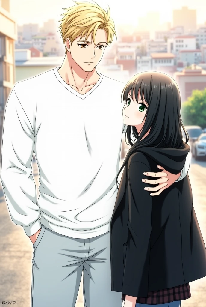 Adult Guy with Short Blonde Hair, Beautiful face, Brown eyes, Beautiful inflated body, holds a girl with short black hair down to her shoulders by the hood, green eyes, Beautiful face, realistically, masterpiece, Best quality, detailing, anime art, фотоrealistically