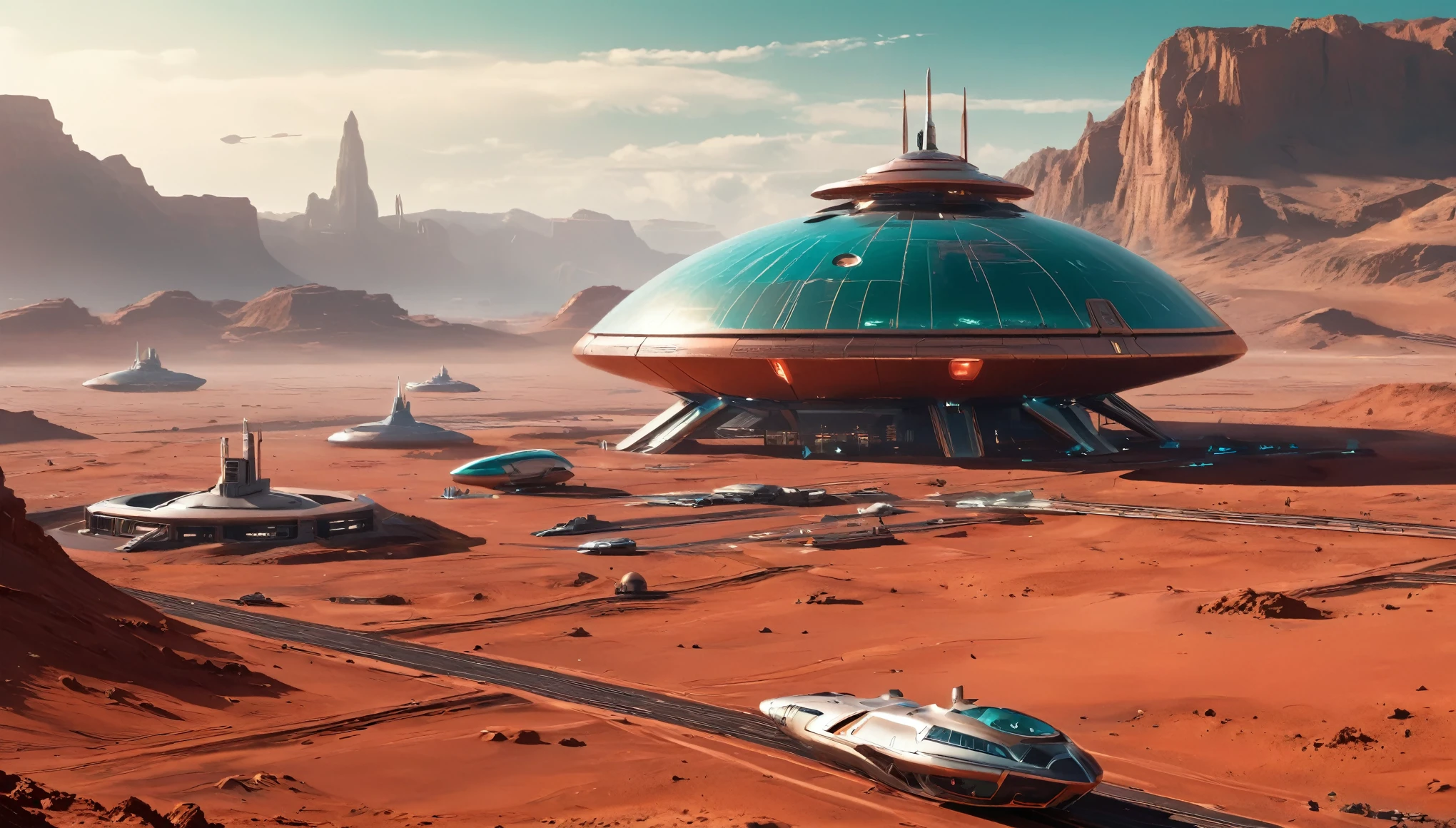 (masterpiece, top quality, best quality, official art, beautiful and aesthetic:1.2) A Future Space port on Mars, red dust, futuristic buildings with docked spaceships, large shiny copper ship is hovering above the ground, [the space ship is long in shape], the sky is a teal color, there are mountains in the distance, people are walking, (photorealistic:1.4)