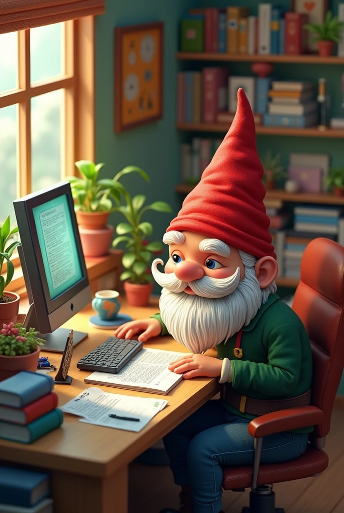 isometric render of a Gnome sitting at a computer desk in a cluttered office, comfy
