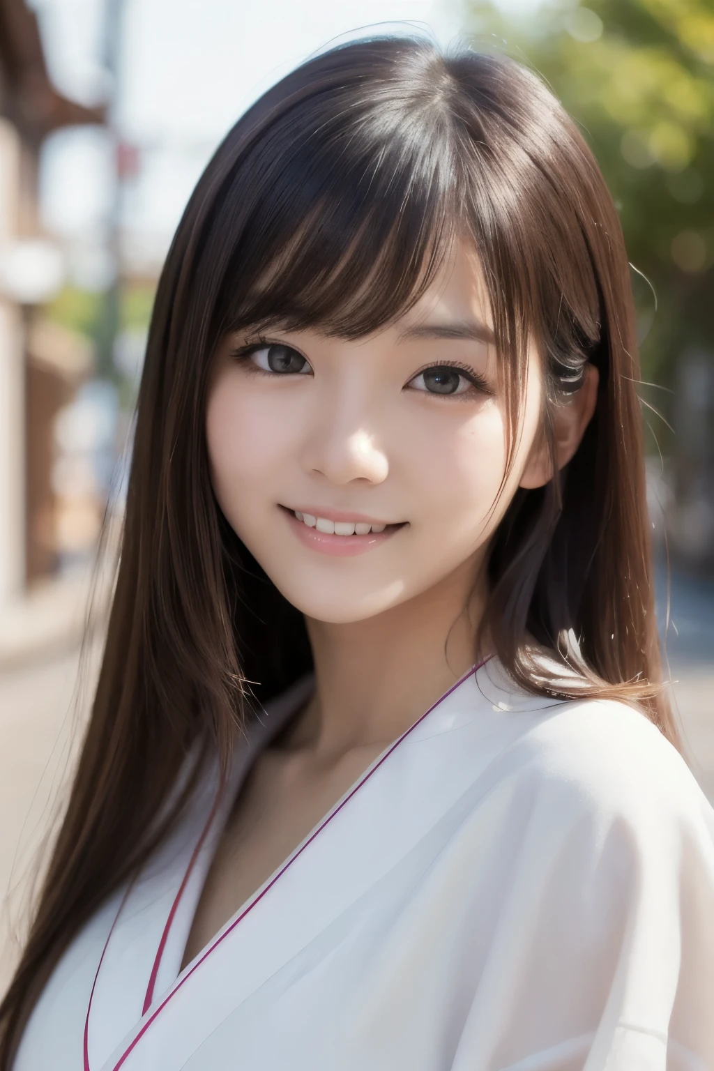 best quality, face focus, soft light, ultra high res, (photorealistic:1.4), RAW photo,(Shinozaki Ai), white skin, kawaii, 1 Japanese girl, solo, cute, (smile), (pupil, lights in the eyes),  detailed beautiful face, Medium-sized breasts,(high resolution detail of human skin texture),(long hair),(portrait), upper body, white traditional kimono