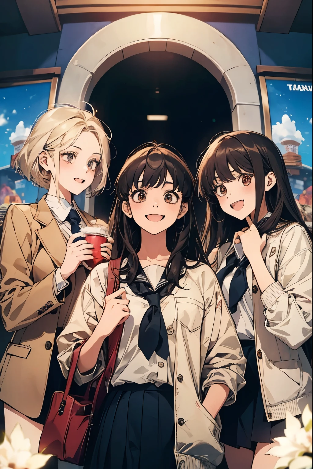 Three girls. . They are wearing the same school uniform.
At the entrance to the movie theater, holding popcorn and juice.
She looks happy. She is smiling.Anime style. High picture quality.