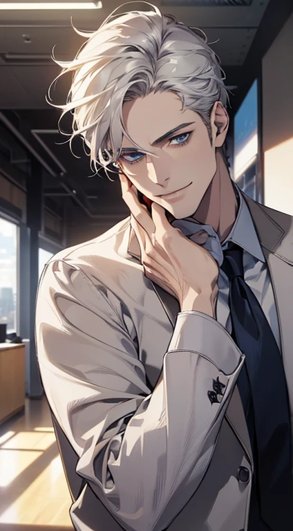(best quality, masterpiece, 8K, photorealistic, cinematic lighting, hdr image, ultra detailed, beautiful image), 1 man, 31 years old, mature man, very handsome, (without expression, smile), short white hair, blue eyes ( penetrating gaze), perfect face without errors, imposing posture, without errors, businessman, office background