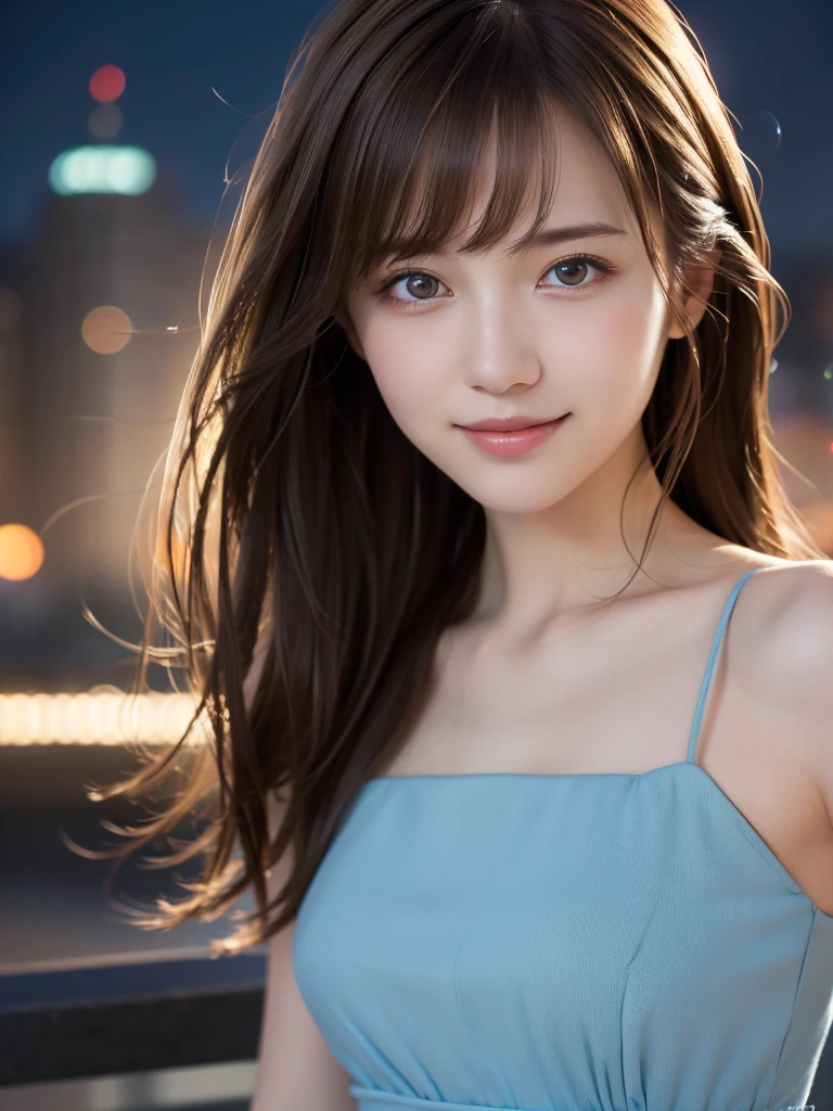 One Girl,(Light blue dress), (RAW Photos, Highest quality), (Realistic, Photorealistic:1.4), Tabletop, Very delicate and beautiful, Very detailed, 8k wallpaper, wonderful, In detail, Highly detailed CG unification, High resolution, Soft Light, Beautiful and detailed 19 year old girl, Very detailed目と顔, Beautifully detailed nose, Beautiful attention to detail,Cinema Lighting,City lights at night,Perfect Anatomy,Slender body,smile (My hair is messy, Asymmetrical bangs, Light brown hair,)