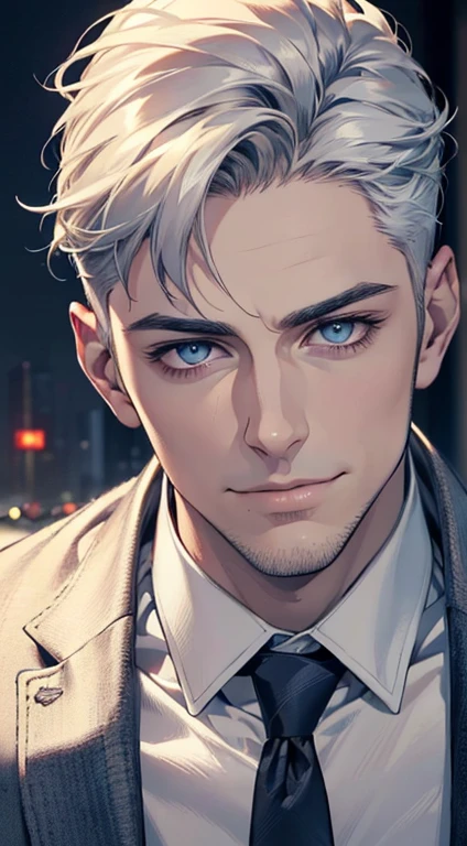 (best quality,4k,8k,highres,masterpiece:1.2),ultra-detailed,(realistic,photorealistic,photo-realistic:1.37),1 man,31 years old,mature man,very handsome,without expression,smile,short white hair,blue eyes,penetrating gaze,perfect face without errors,imposing posture,businessman,office background,cinematic lighting,hdr image