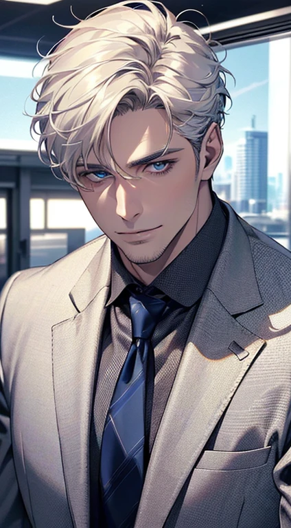 (best quality,4k,8k,highres,masterpiece:1.2),ultra-detailed,(realistic,photorealistic,photo-realistic:1.37),1 man,31 years old,mature man,very handsome,without expression,smile,short white hair,blue eyes,penetrating gaze,perfect face without errors,imposing posture,businessman,office background,cinematic lighting,hdr image