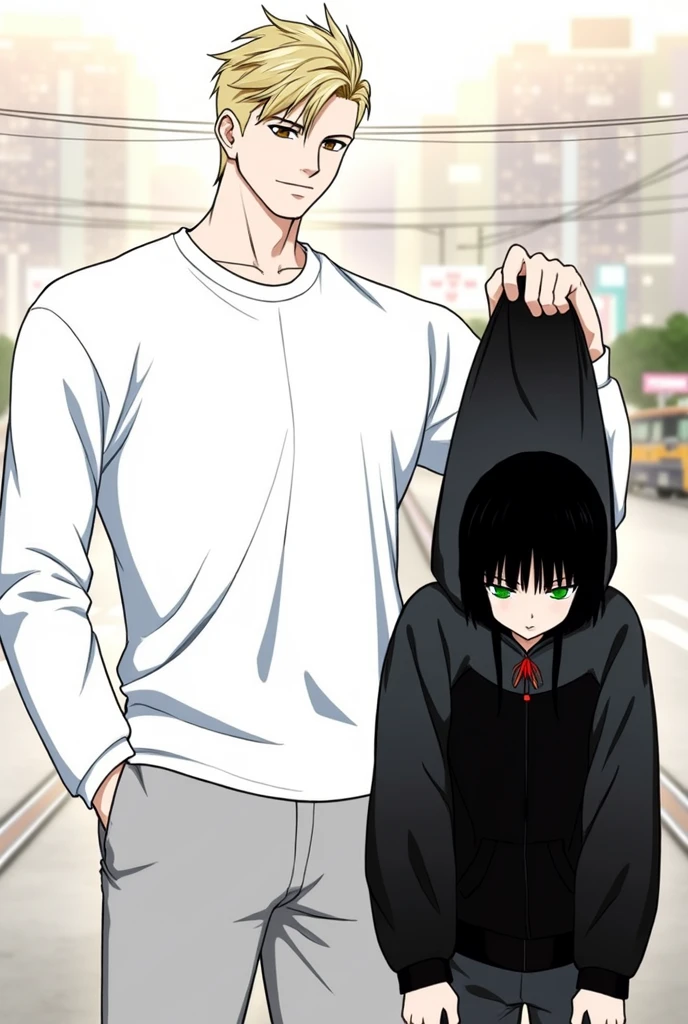 Adult Guy with Short Blonde Hair, Beautiful face, Brown eyes, Beautiful inflated body, holds a girl with short black hair down to her shoulders by the hood, green eyes, Beautiful face, realistically, masterpiece, Best quality, detailing, anime art, фотоrealistically