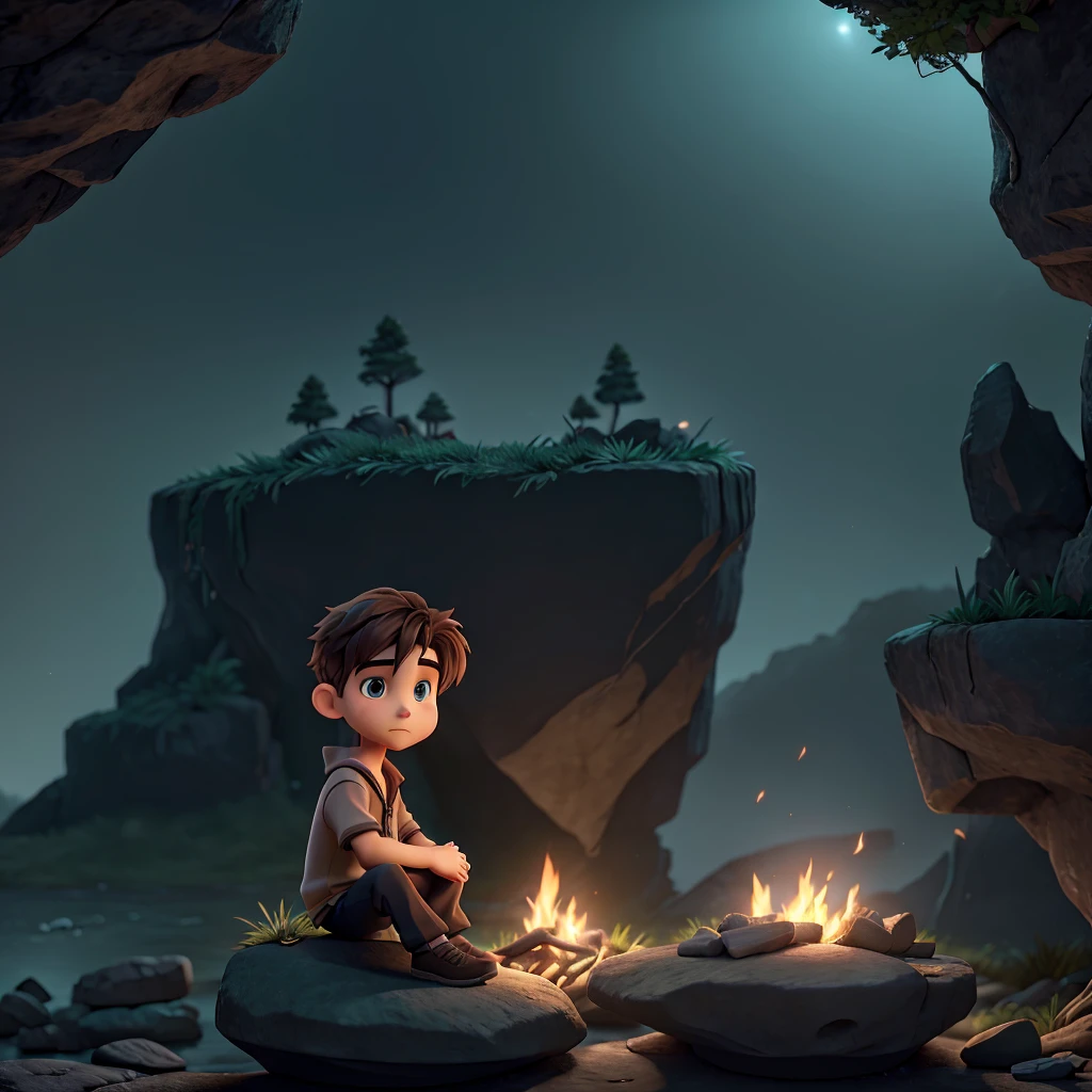a lone anime boy sitting on a rock in front of a crackling fire, night scene, dramatic lighting, moody atmosphere, detailed facial features, anime styled clothes, night jungle background, cinematic composition, volumetric lighting, glowing embers, lush foliage, atmospheric haze, chiaroscuro lighting, muted color palette, dynamic pose, pensive expression, mesmerizing fire