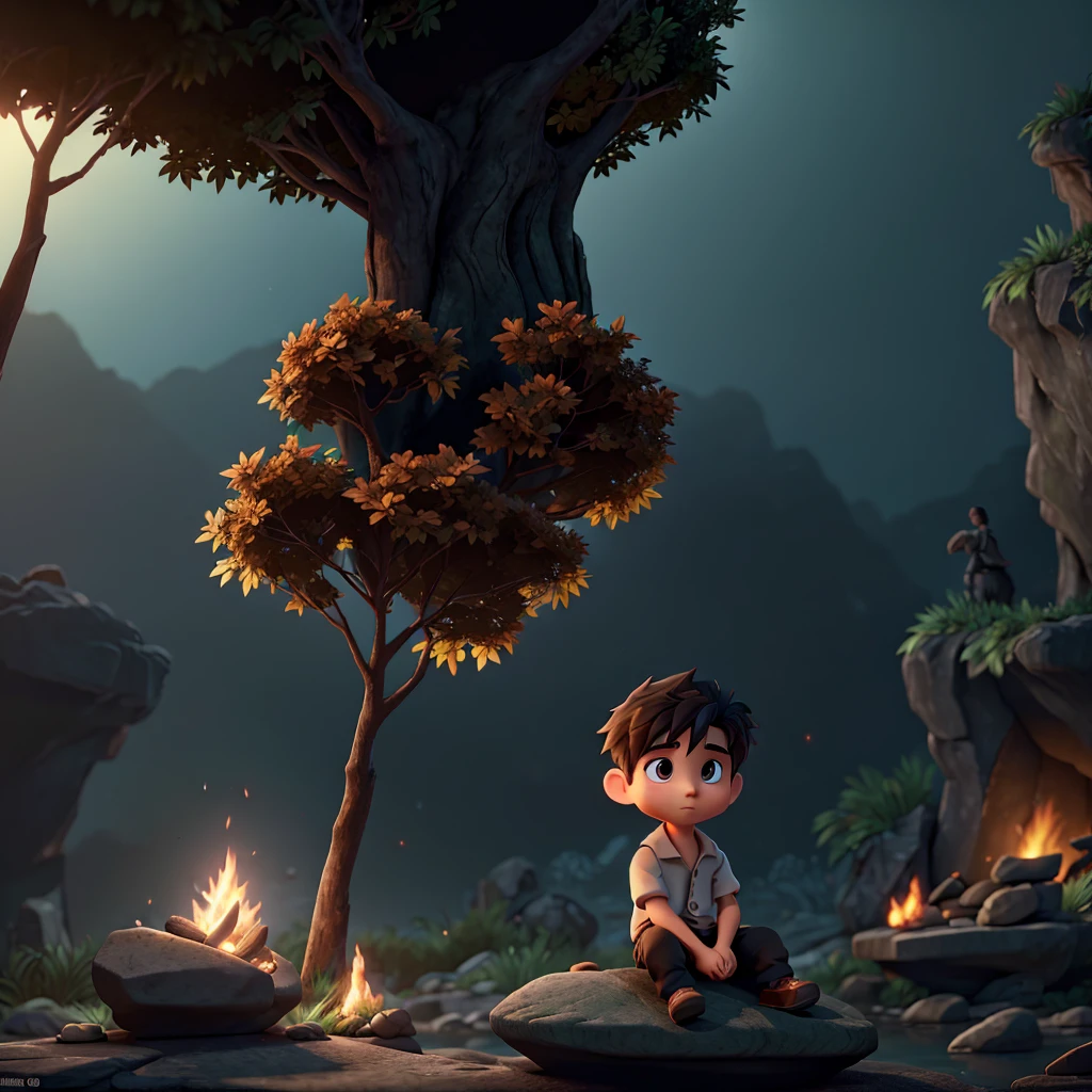 a lone anime boy sitting on a rock in front of a crackling fire, night scene, dramatic lighting, moody atmosphere, detailed facial features, anime styled clothes, night jungle background, cinematic composition, volumetric lighting, glowing embers, lush foliage, atmospheric haze, chiaroscuro lighting, muted color palette, dynamic pose, pensive expression, mesmerizing fire