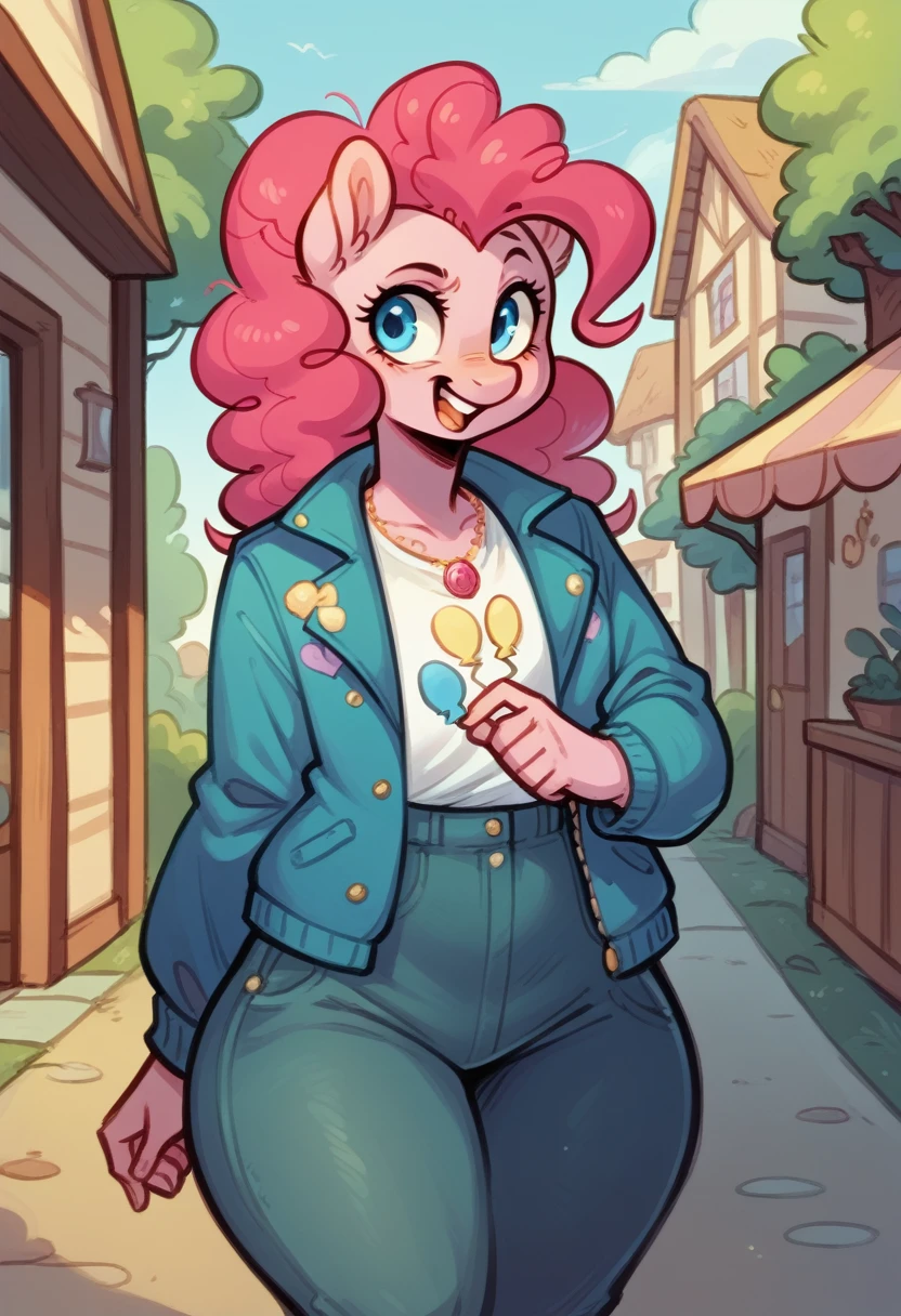 pinkie pie (mlp) ,elderly female , BLUE wearing Jacket ,ALL four ,big wide hips