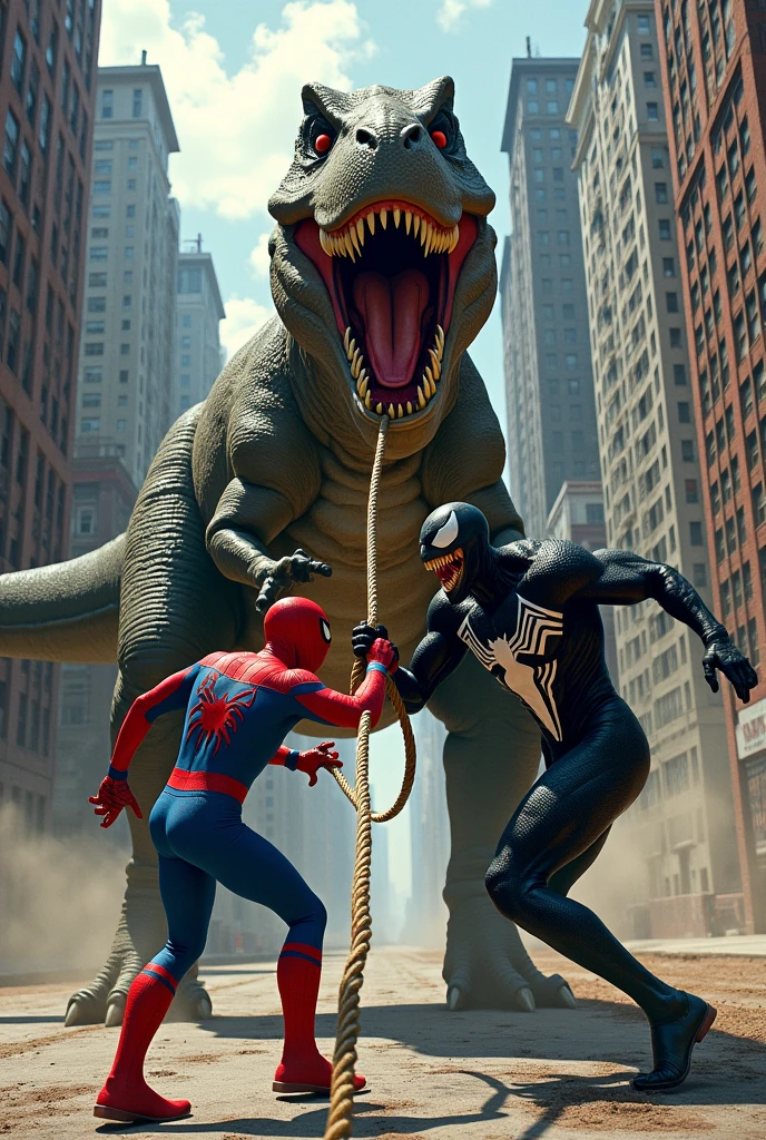 Spiderman and venom both pulling a dinosaur with a rope