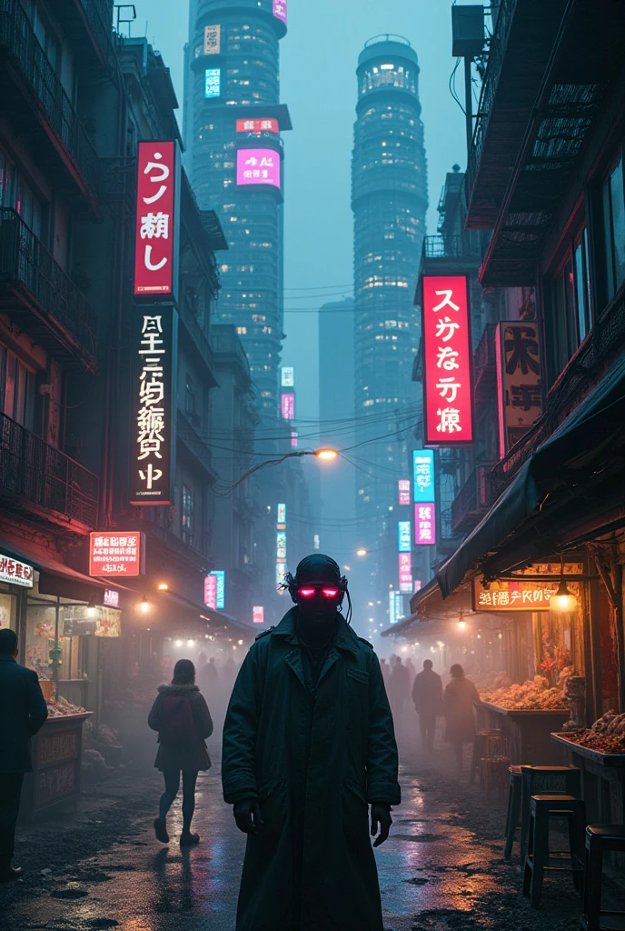 cyberpunk, dystopia, night times, neon lights, alone, lost in dystopia, junk city