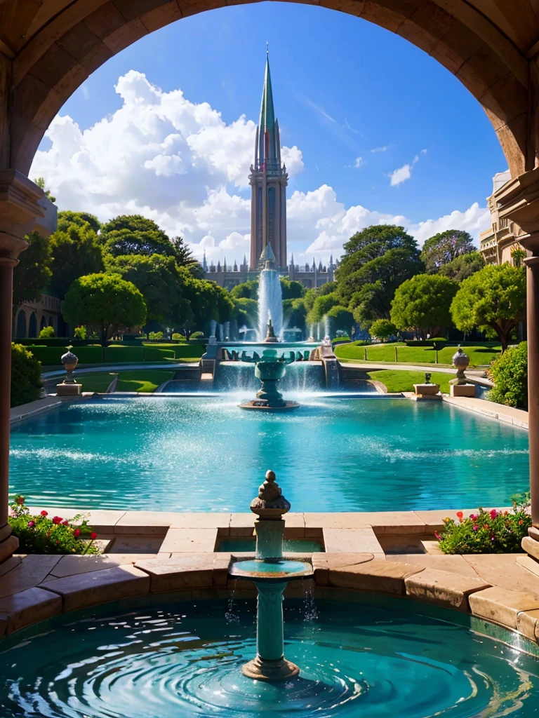There is an foot bath around a super huge fountain.,masterpiece,perfection,Nature,Glass,Best Quality,8k,Paradise,Great Heaven,SF,Dream world,romantic,