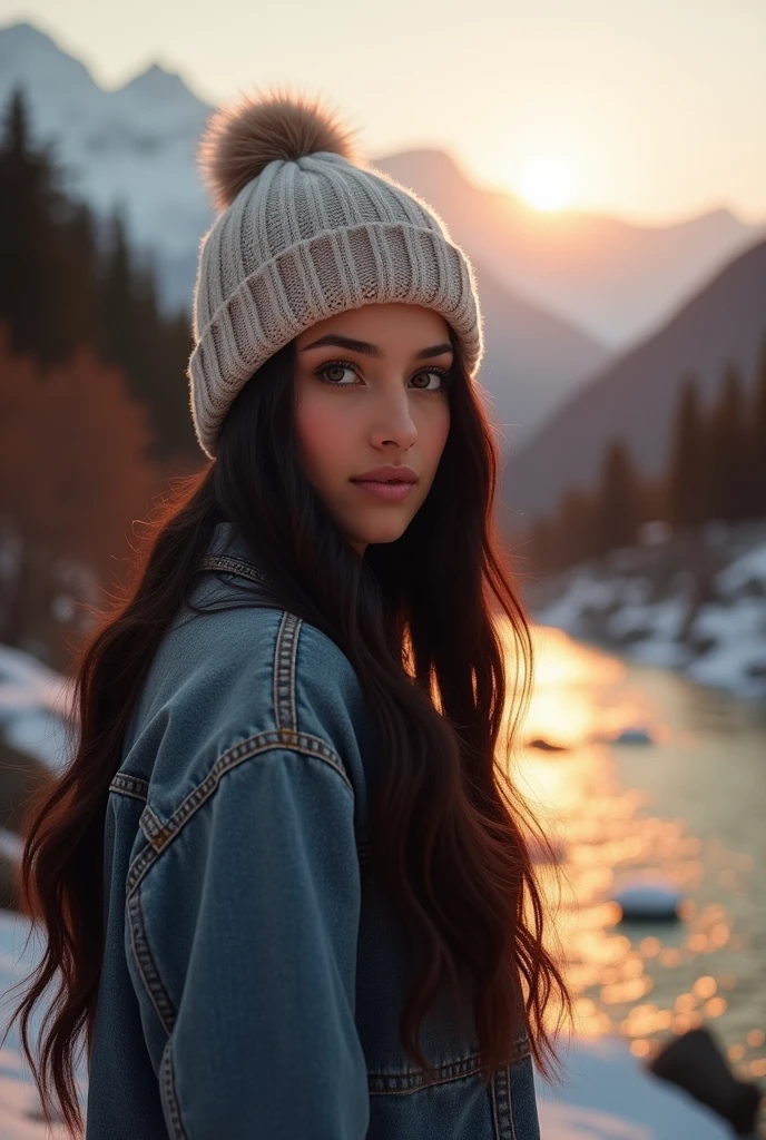 She is very very beautiful girl, beautiful eyes, beautiful dark hair, beautiful big lips, beautiful body, snowy hat, standing,with sony iv6700 shot, (boot:1.2), himalayas, sunset, river, HDR, jeans, back