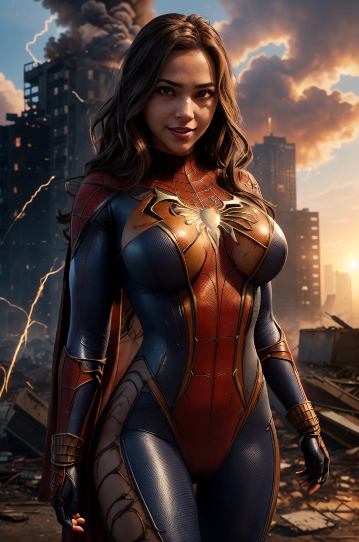 woman, beautiful, attractive, beautiful, sexy captivating smile in detailed brown Spider-Man costume, big breasts, superhero pose, standing in a ruined city at sunset, hyper-detailed, smoke, sparks, sun rays, (8k), realistic, symmetrical, award-winning, cinematic lightning, soaked, film, 75mm, scratches, full body shot, close-up, torn and dirty clothes, detailed face,