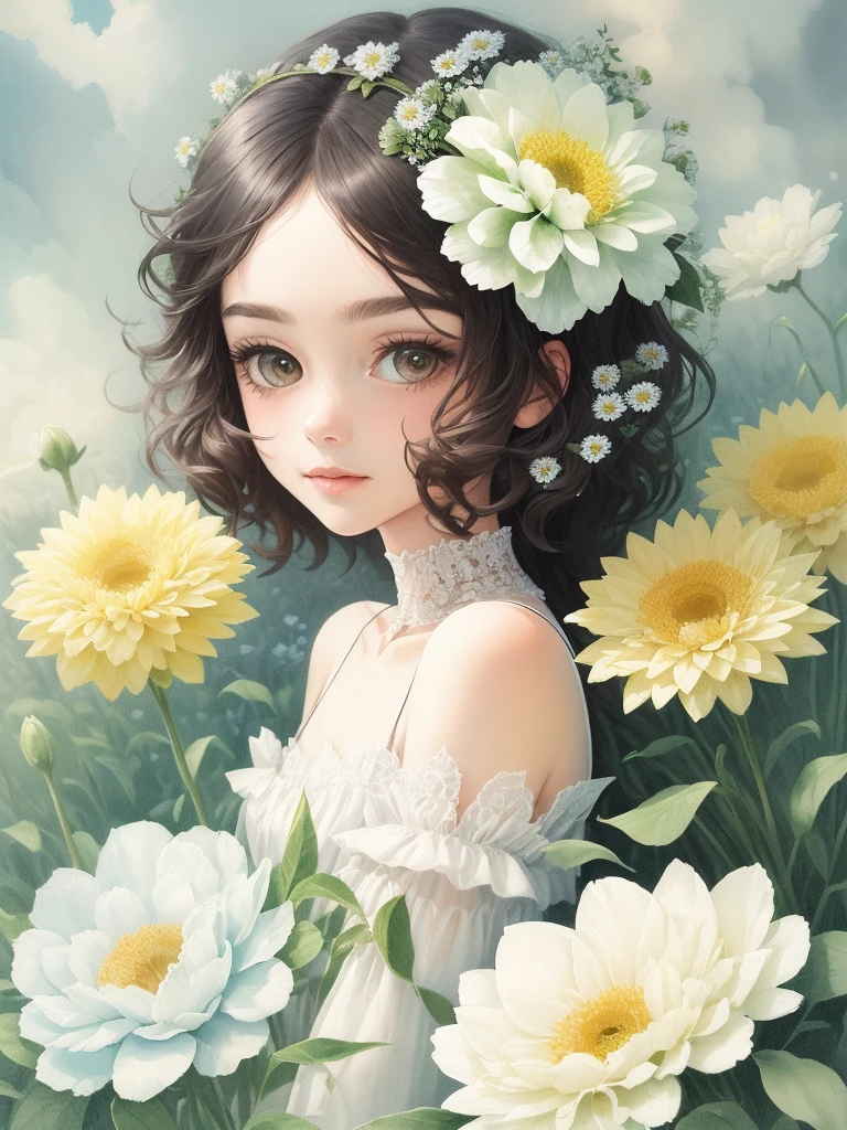 (masterpiece), (best quality: 1.1), (ultra-detailed), best illustration, finely detailed,, bouquet consisting of field flowers, The person is clear Background is white Watercolor Front of body
