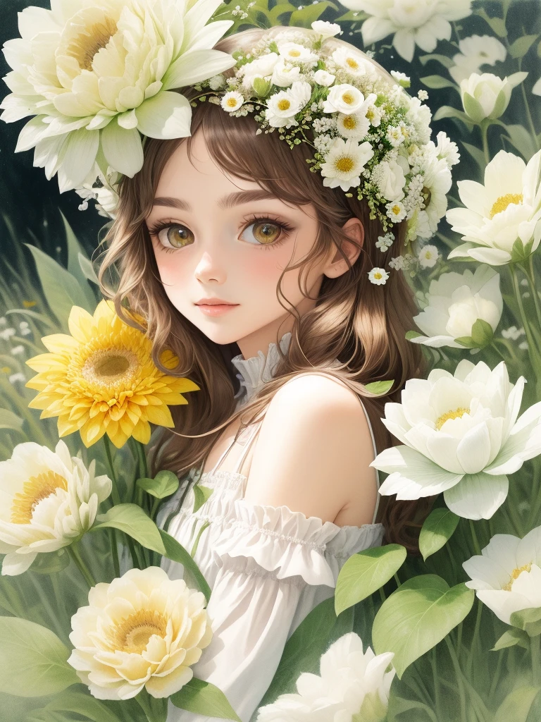 (masterpiece), (best quality: 1.1), (ultra-detailed), best illustration, finely detailed,, bouquet consisting of field flowers, The person is clear Background is white Watercolor Front of body