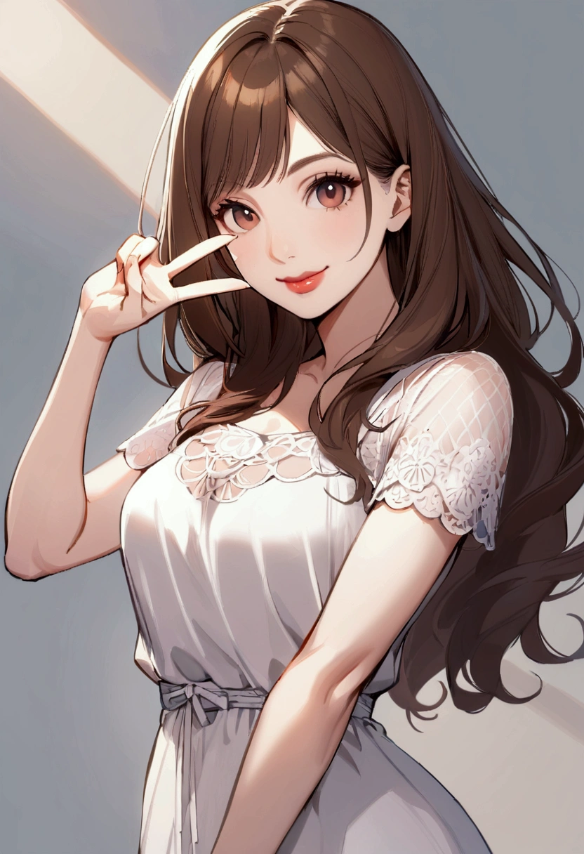 slender, mature female, 1girl, rating:safe, solo, dress, brown_hair, v, white_dress, brown_eyes, long_hair, lips, smile, pose, arms_up, standing, looking_at_viewer, bangs, short_sleeves, nose,
