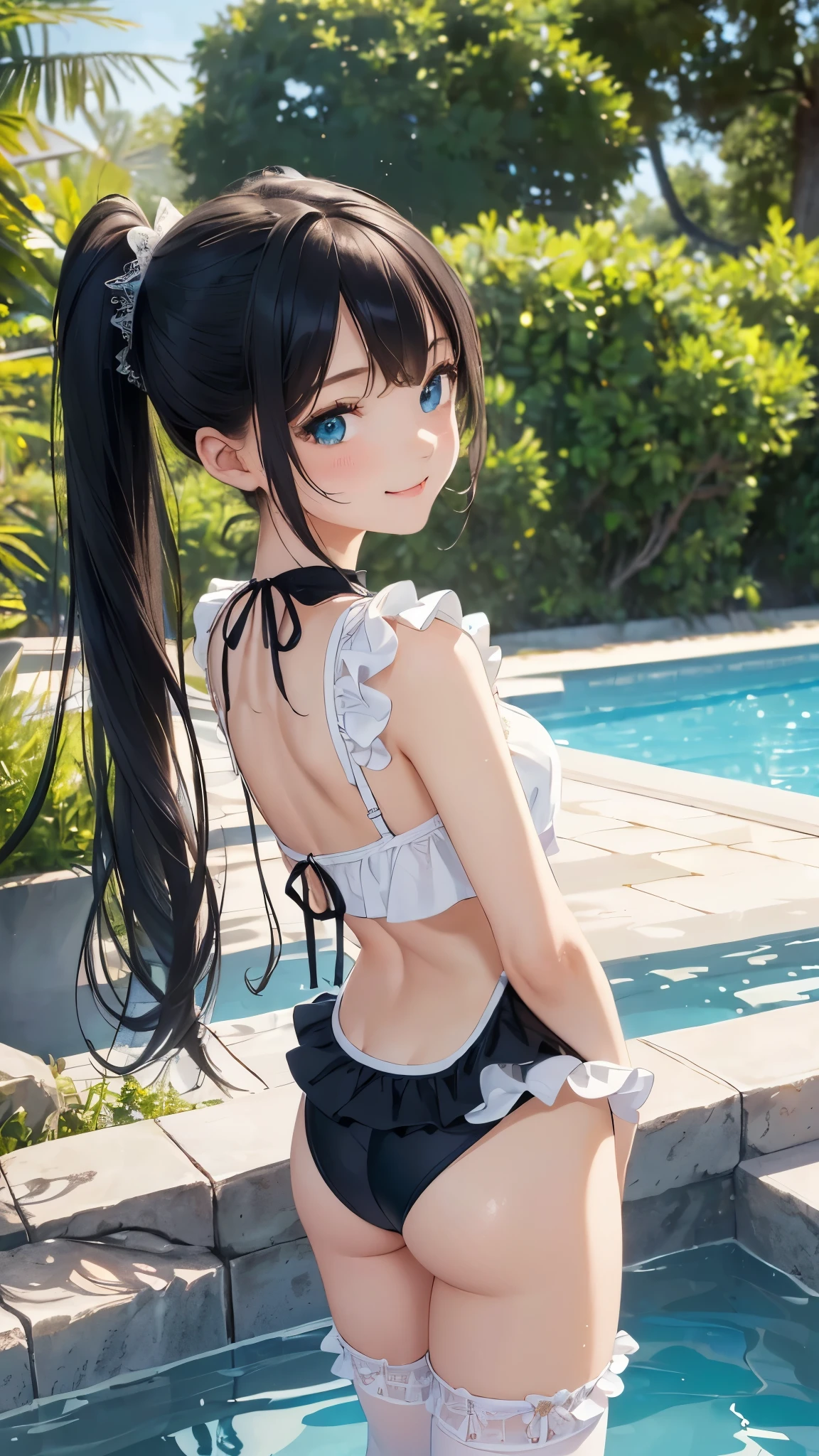 ((masterpiece)), ((highest quality、Ultra high definition)), (Very detailed),(8k、Photo quality)、((Amazingly cute girl)),)), Two people, , (Beautiful emerald blue eyes), ((smile、Small breasts)),In the open-air bath overlooking the sea, Beautifully arranged black hair in twin tails、Slim Body、(((Cute swimsuit with lace and frills)))、Professional Lighting、(White lace knee-highore detailed and beautiful)、(More details and cutenesore realistic)、((Just wear light clothing))、Frolic in the pool、((unbelievably cute))、((A cute pose))、((Front and back view))、((At dusk))、(Have a drink to stay hydrated)、