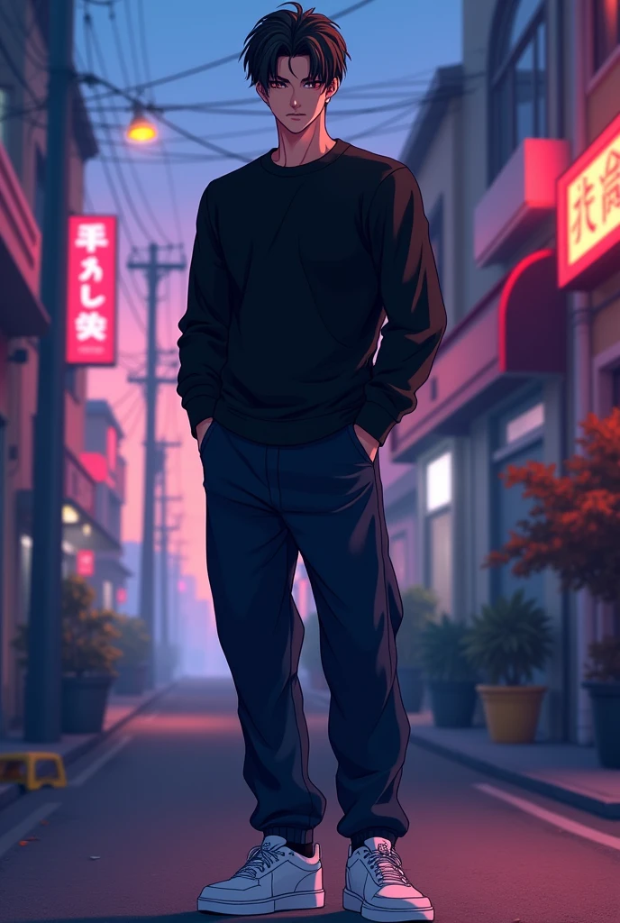 1guy, male, Anime, pitch-black piercing eyes, handsome guy, with black sweater and long dark-blue pants, white sneakers, standing