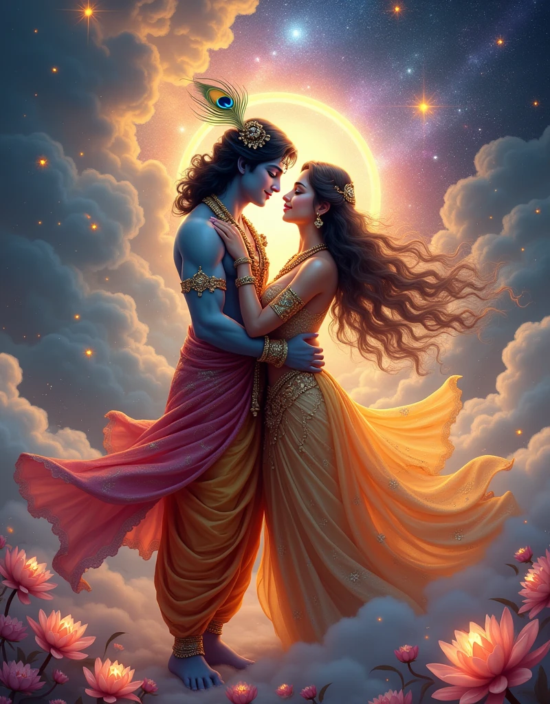 Lord Krishna's cosmic union with Radha, surrounded by love and devotion