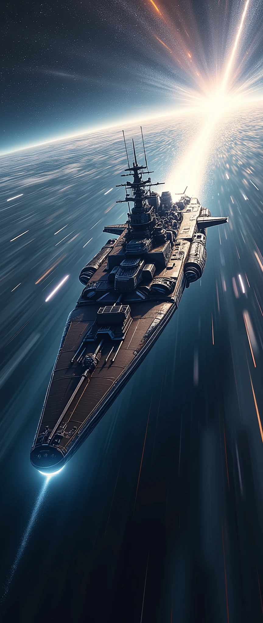 masterpiece,Highest quality,Ultra-high resolution,(Very detailed),8k,wallpaper,Realistic,(DSLR Canon style),(A battleship-shaped spaceship performs warp travel.:2.0),(sf:2.0),(A streamlined spaceship resembling the Yamato battleship:2.0),(dynamic),(Beautiful particles of light are emitted from the wave engine at the stern.:2.0),(Representing superluminal speed with a beautiful line of light:2.0),(((The background is a wormhole and subspace.:2.0))),(Motion Blur)
