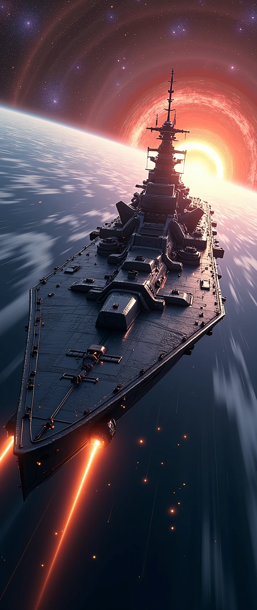 masterpiece,Highest quality,Ultra-high resolution,(Very detailed),8k,wallpaper,Realistic,(DSLR Canon style),(A battleship-shaped spaceship performs warp travel.:2.0),(sf:2.0),(A streamlined spaceship resembling the Yamato battleship:2.0),(dynamic),(Beautiful particles of light are emitted from the wave engine at the stern.:2.0),(Representing superluminal speed with a beautiful line of light:2.0),(((The background is a wormhole and subspace.:2.0))),(Motion Blur)