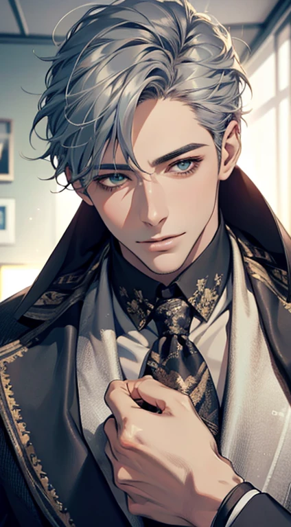 (Highest quality,4K,8K,High resolution,masterpiece:1.2),Super detailed,(Realistic,photoRealistic,photo-Realistic:1.37),1 person,31 years old,Mature Men,Beautiful skin、very handsome,Expressionless smile in love,Short gray blue hair,green eyes,Sharp Eyes,A perfect face without a doubt,Businessman,Office Background,Cinema Lighting,HDR image,tie、