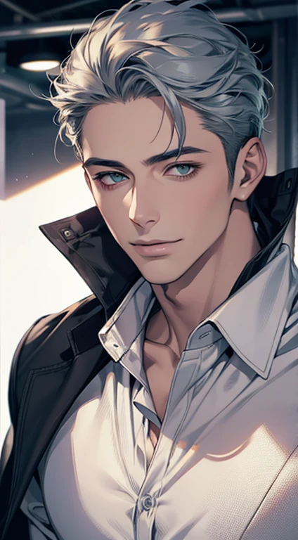 (Highest quality,4K,8K,High resolution,masterpiece:1.2),Super detailed,(Realistic,photoRealistic,photo-Realistic:1.37),1 person,31 years old,Mature Men,Beautiful skin、very handsome,Expressionless smile in love,Short gray blue hair,green eyes,Sharp Eyes,A perfect face without a doubt,Businessman,Office Background,Cinema Lighting,HDR image,tie、