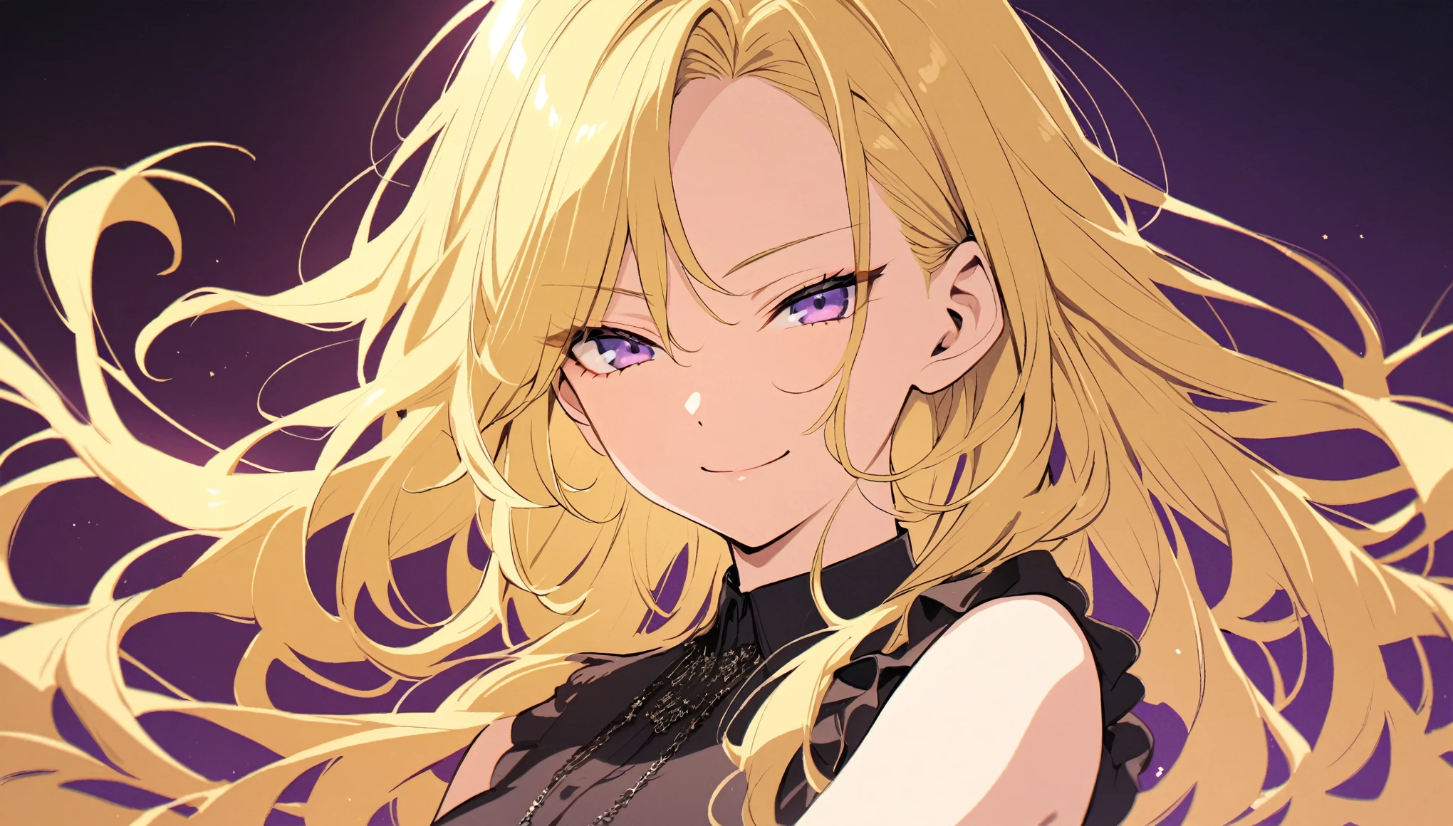 female, cool, solo, smiling, elegant, narrowed eyes, loose hair, cool sleeveless black dress, yellow hair, long hair, purple eyes