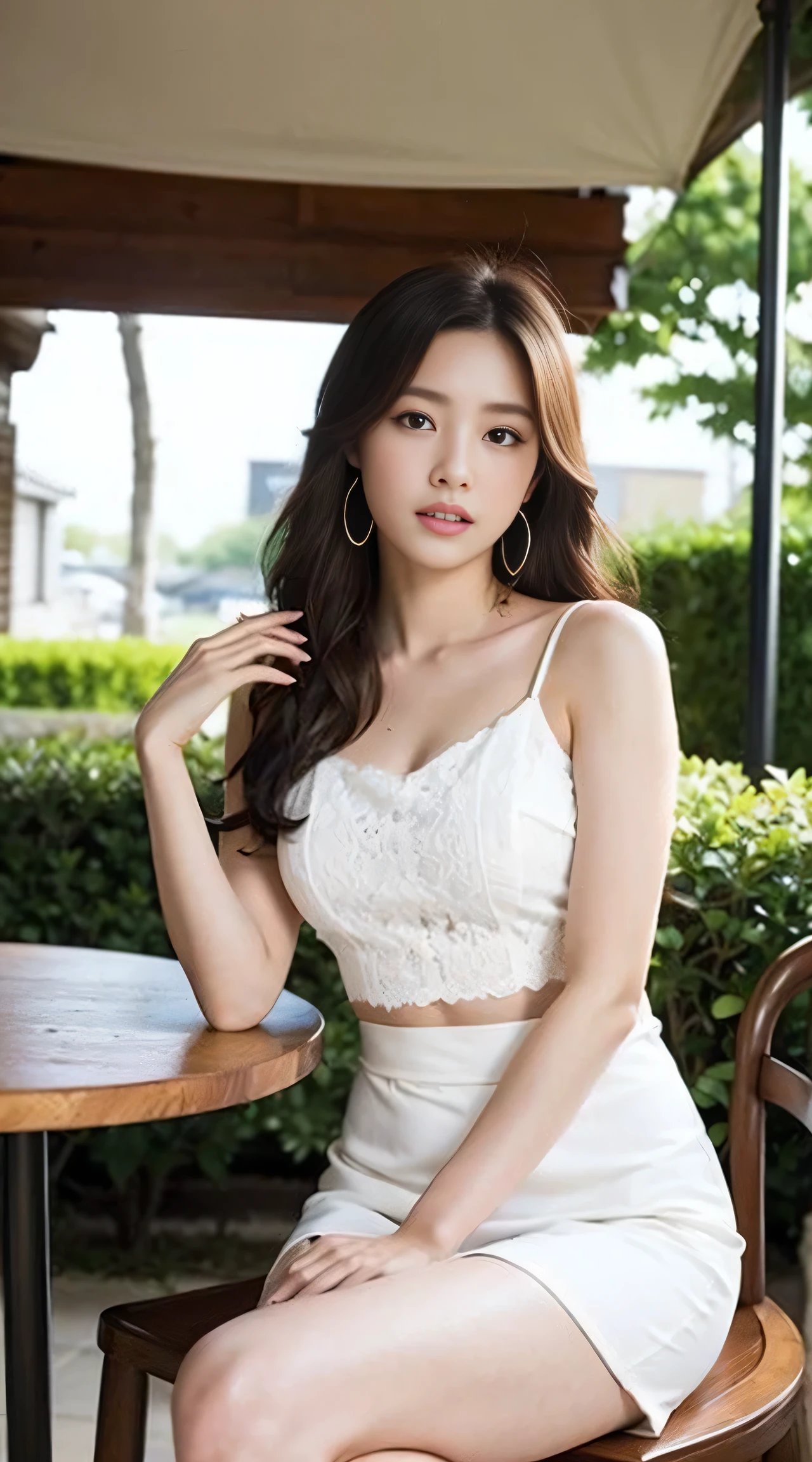 Dark brown hair、Light brown eyes、Japanese actress、 Lady、I40歳くらいです..、(Intricate details:1.2)、(Which is the top??????:1.4)、 (Ultra-high resolution:1.2)、Ultra-high resolution、(fine adjustment)、(Detailed facial features)、Hmph、8k resolution、D cup size breasts、Long Hair、ロサンゼルス Shade Awning サン＆Shade Awning、Terrace Cafe、Cafe tables lined up、Cafe chair、relax、、,Full body photo、Head to toe shot、Beautiful legs、White camisole、mini skirt、Blackpink Jenny　I、Take this photo、Beautiful legs、she, Fashion Hub, Attention to detail, Very detailed, Realistic, Hourglass Shaped Body, Obscene pose,Leaning against a wall、Please lift your chin up a little.....、Poses that make you feel weak、Are crying、Deep sorrow、My eyes and cheeks are wet with tears、A cafe surrounded by white flowers、Very sandals、Place your elbows on the table、Place your chin on your hand、