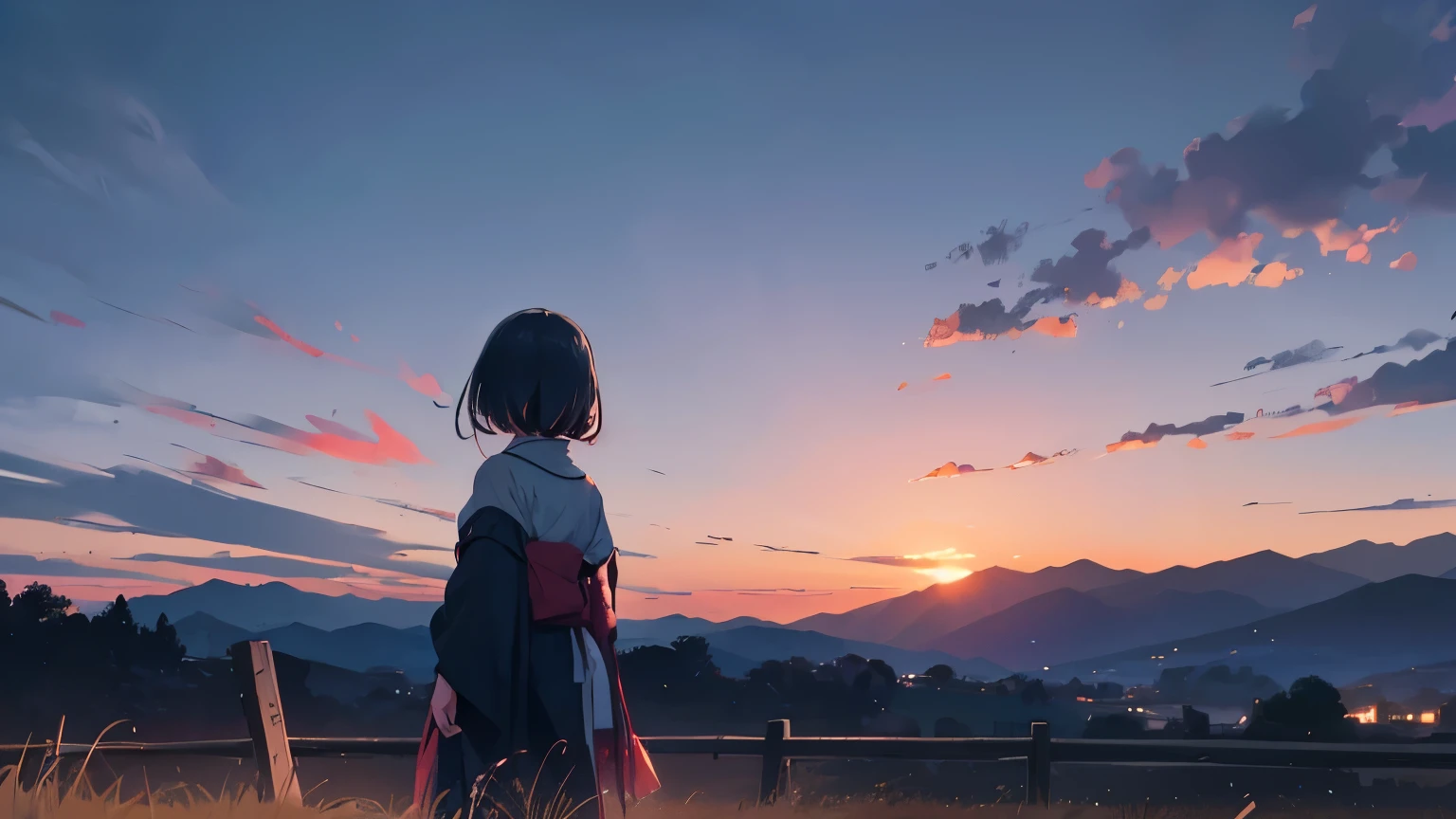 "A countryside scene at dusk just before the Obon holiday ends. A person gazes up at the sunset-stained sky, not wanting to return home. The darkening sky and distant mountains form silhouettes, creating a sense of melancholy and strong resistance to the end of the holiday."