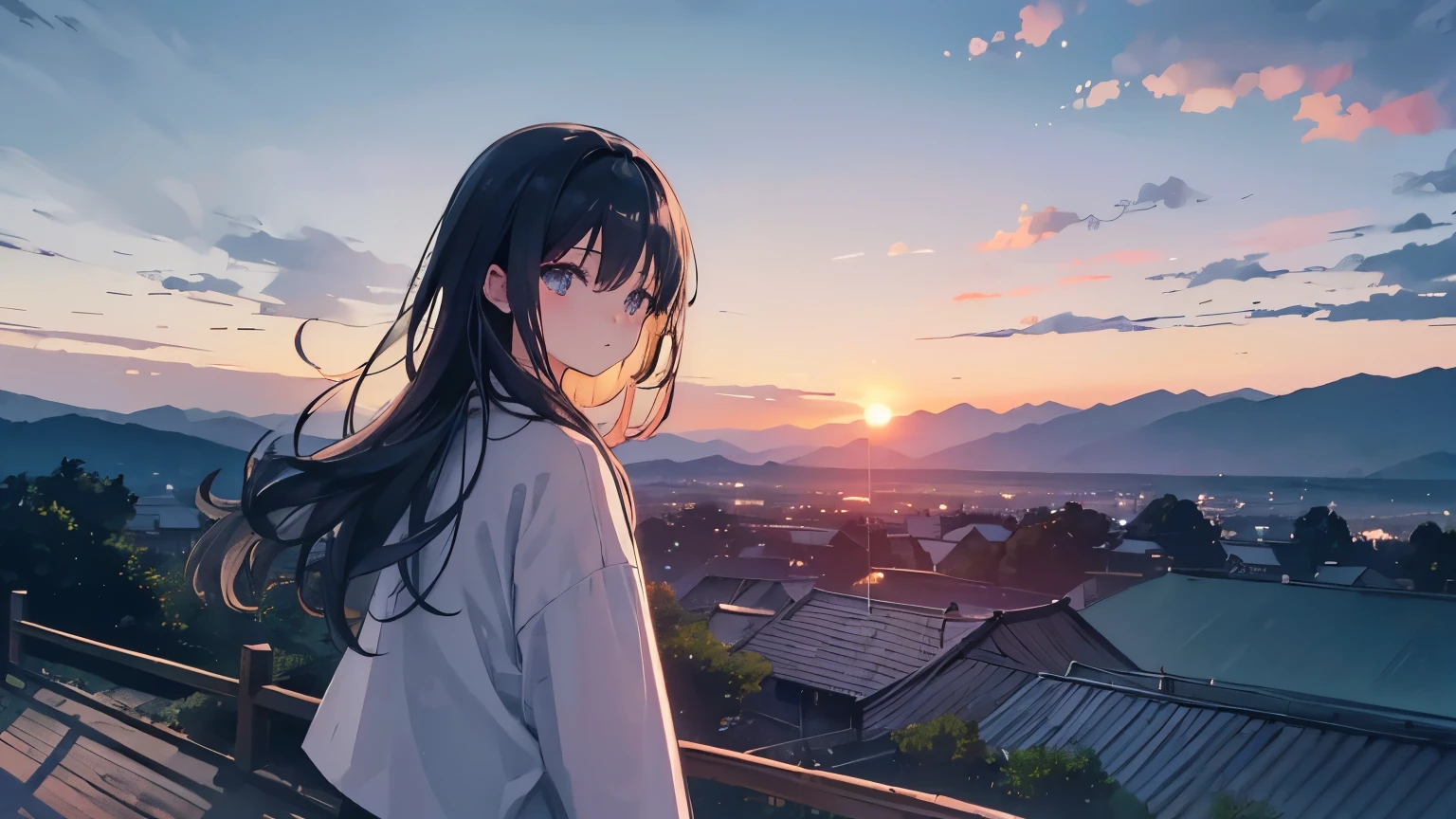 "A countryside scene at dusk just before the Obon holiday ends. A person gazes up at the sunset-stained sky, not wanting to return home. The darkening sky and distant mountains form silhouettes, creating a sense of melancholy and strong resistance to the end of the holiday."