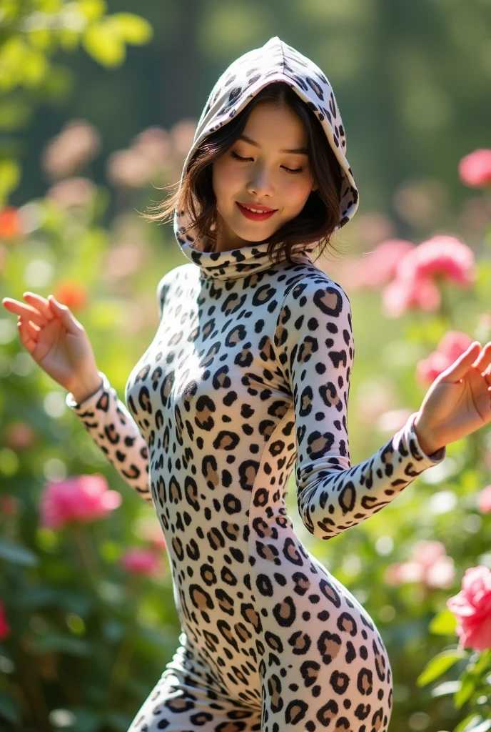 The beautiful Chinese adult girl with beautiful cheeks wears leopard print full lycra dancewear turtleneck unitard catsuit.She wears white leopard print lycra elastane dancewear hijab-like zentai hood.She is happy in the garden.