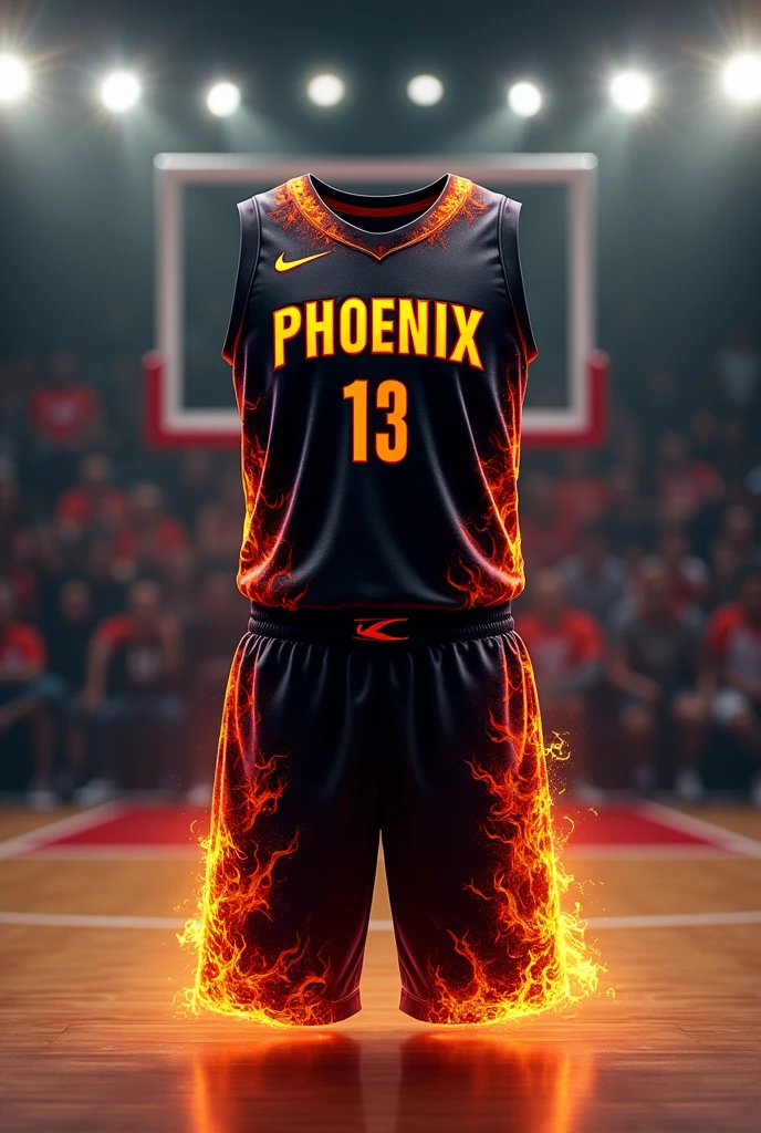 A basketball jersey main color is black and flames 
 on the jersey put flames of the Phoenix for design put the name phoenix make it put in shorts as well I need both sides front and back make the top just like the shorts give me more options to choose from 