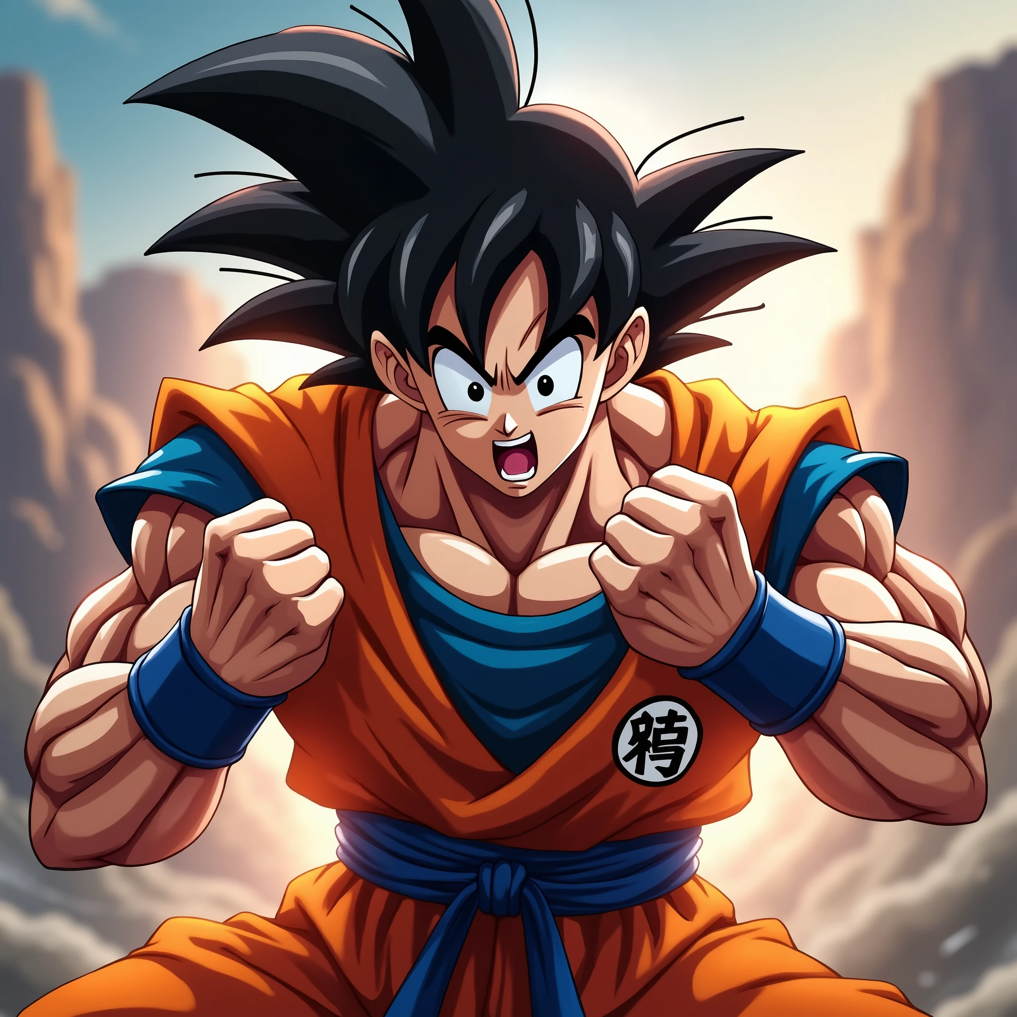 very super close-up image of the hands of Son Goku\(Dragon Ball\(manga\), muscular,shouting,angry,orange robe,blue underwear\) ,pose of Kamehameha, shooting a beam from hands,realistic art style, generate only hands, screenshot of the movie,bokeh