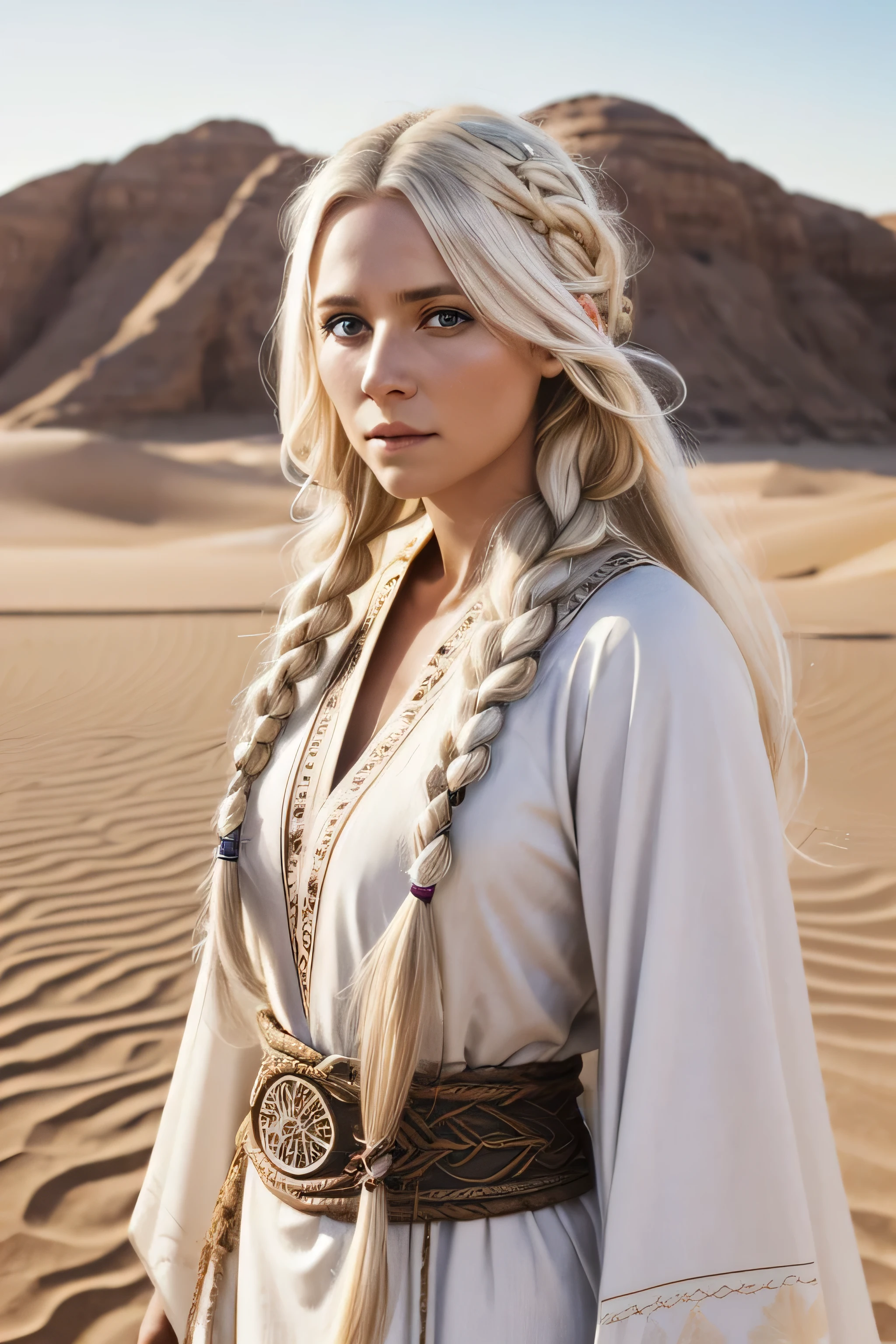 1 female viking, long white hair, braided hair, wearing a caftan, ugly face, 30 years old, desert background, absurdres, high res, ultrasharp, 8K, masterpiece, the image should be of absurd resolution and high detail. It should be ultra-sharp and available in 8K resolution, representing a masterpiece in image quality.