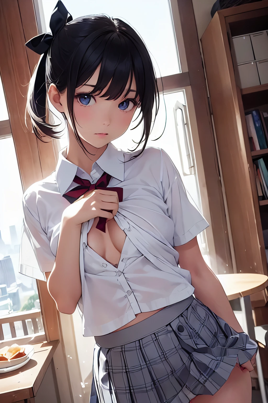 (masterpiece, highest quality:1.2), 1 girl, alone, Akane Kurokawa, 1 girl, dark blue hair, medium hair, One-length bob, Add some bangs to brighten your face, Hair ends remain thick overall. , blue eyes, green eyes, blue tie, sexy pants、E cup breasts、small nipples、small areola、Breasts are fully visible